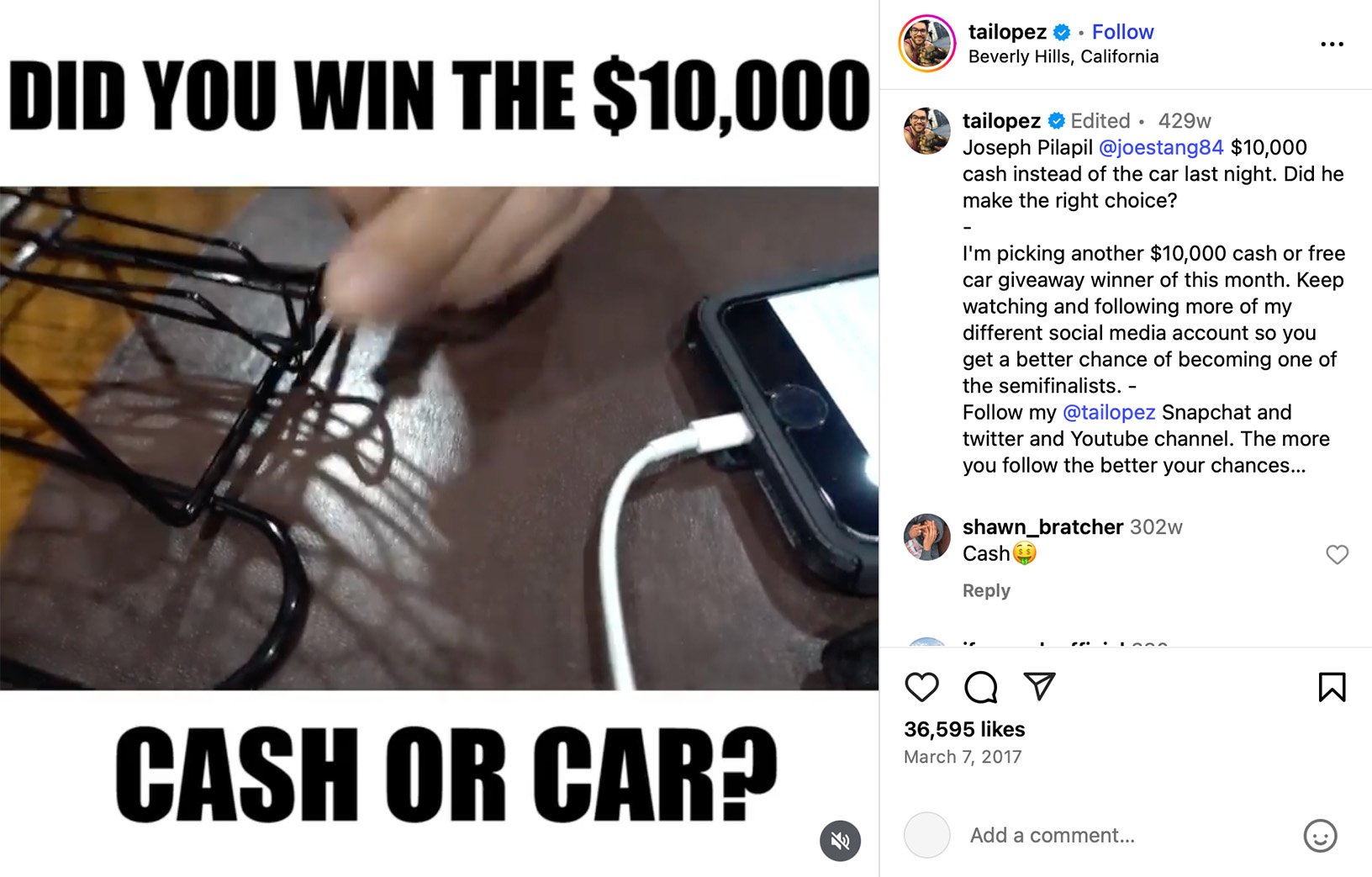 Tai Lopez runs $10K cash or car social media giveaway Screenshot from Tai Lopez giveaway video showing a phone and wireframe car model with bold text 'Did you win the $10,000? Cash or Car?'