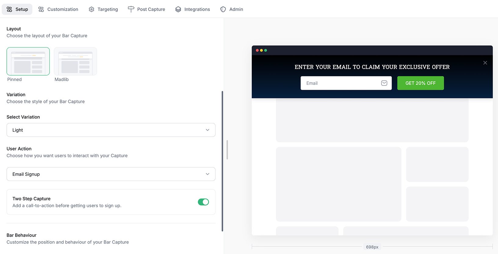 Two-step email sign-up bar — Get 20% Off Pinned Capture bar with two-step email signup and 'Get 20% Off' CTA.