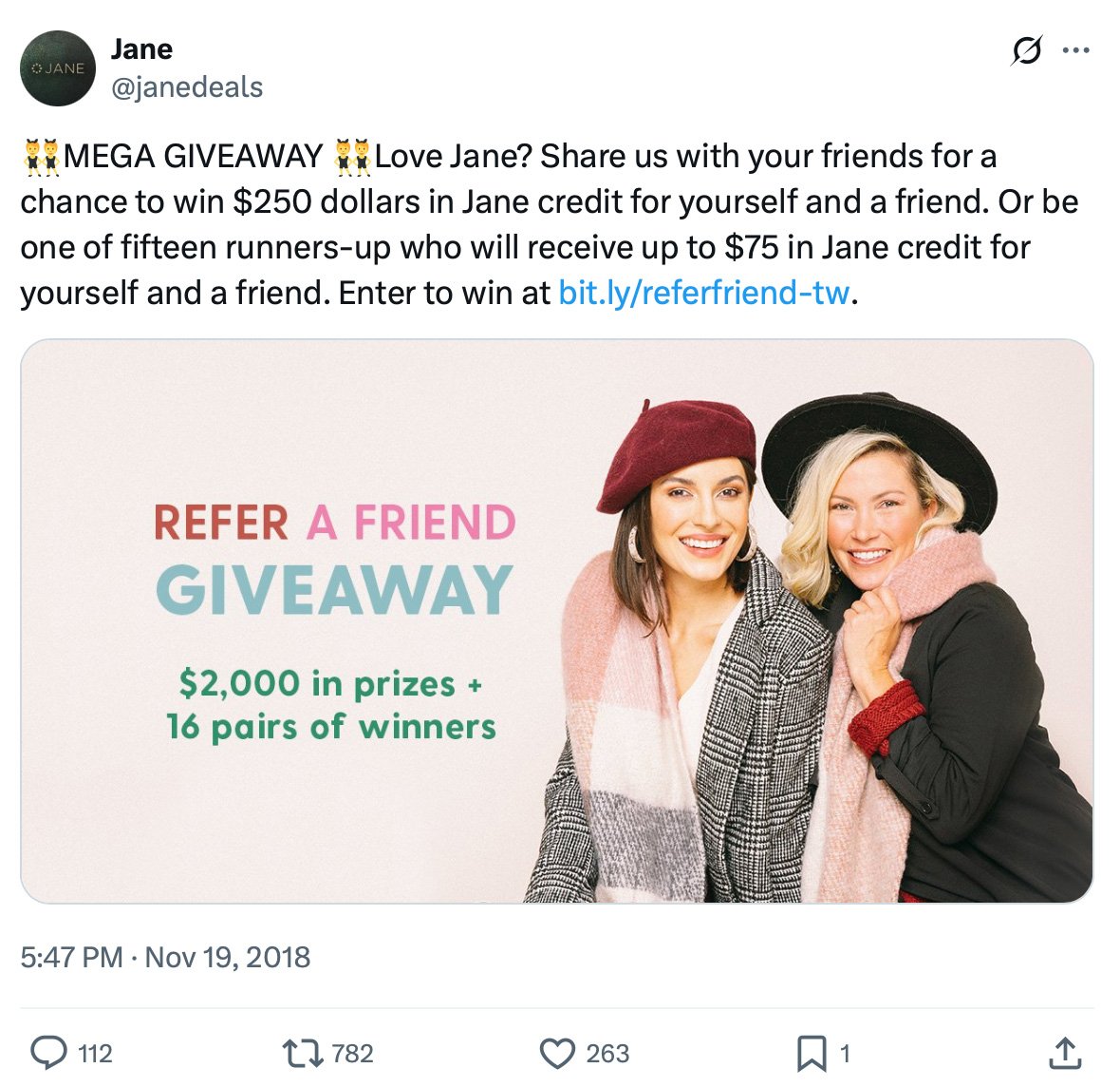 Jane Refer a Friend Giveaway — Win up to $250 in credit for you and a friend Twitter giveaway post showing two women in winter outfits promoting Jane's Refer a Friend campaign