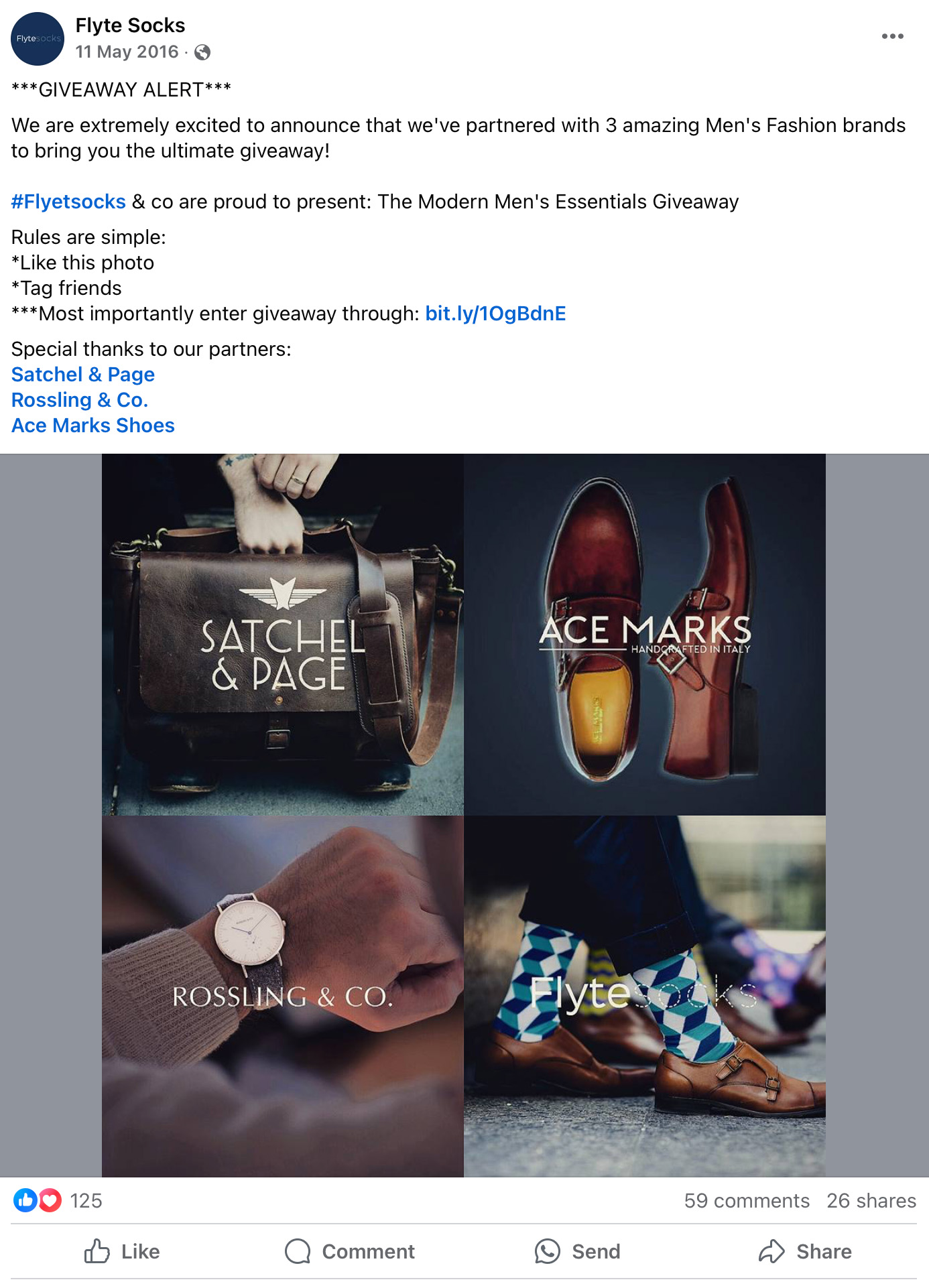 Facebook giveaway post from Flyte Socks featuring leather bag, dress shoes, a watch, and patterned socks