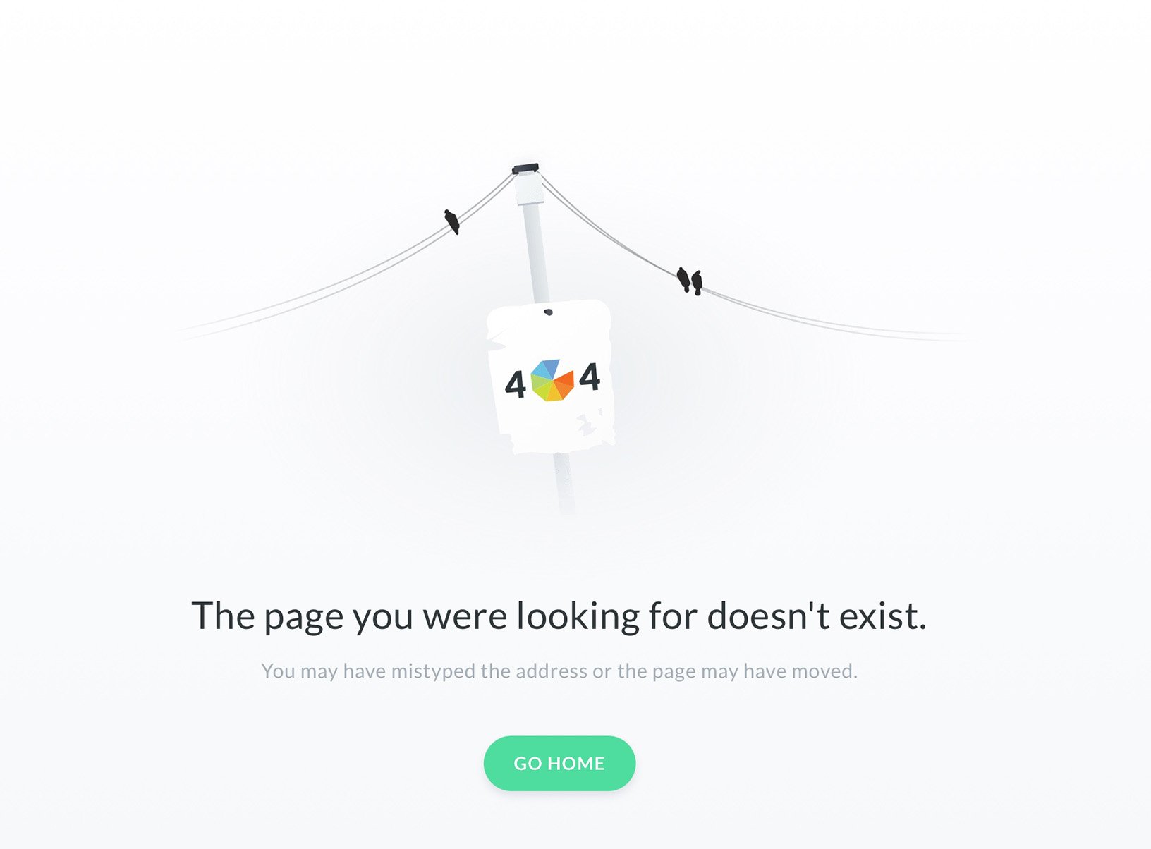 Minimalist 404 error page with a broken link illustration and message that the page doesn't exist