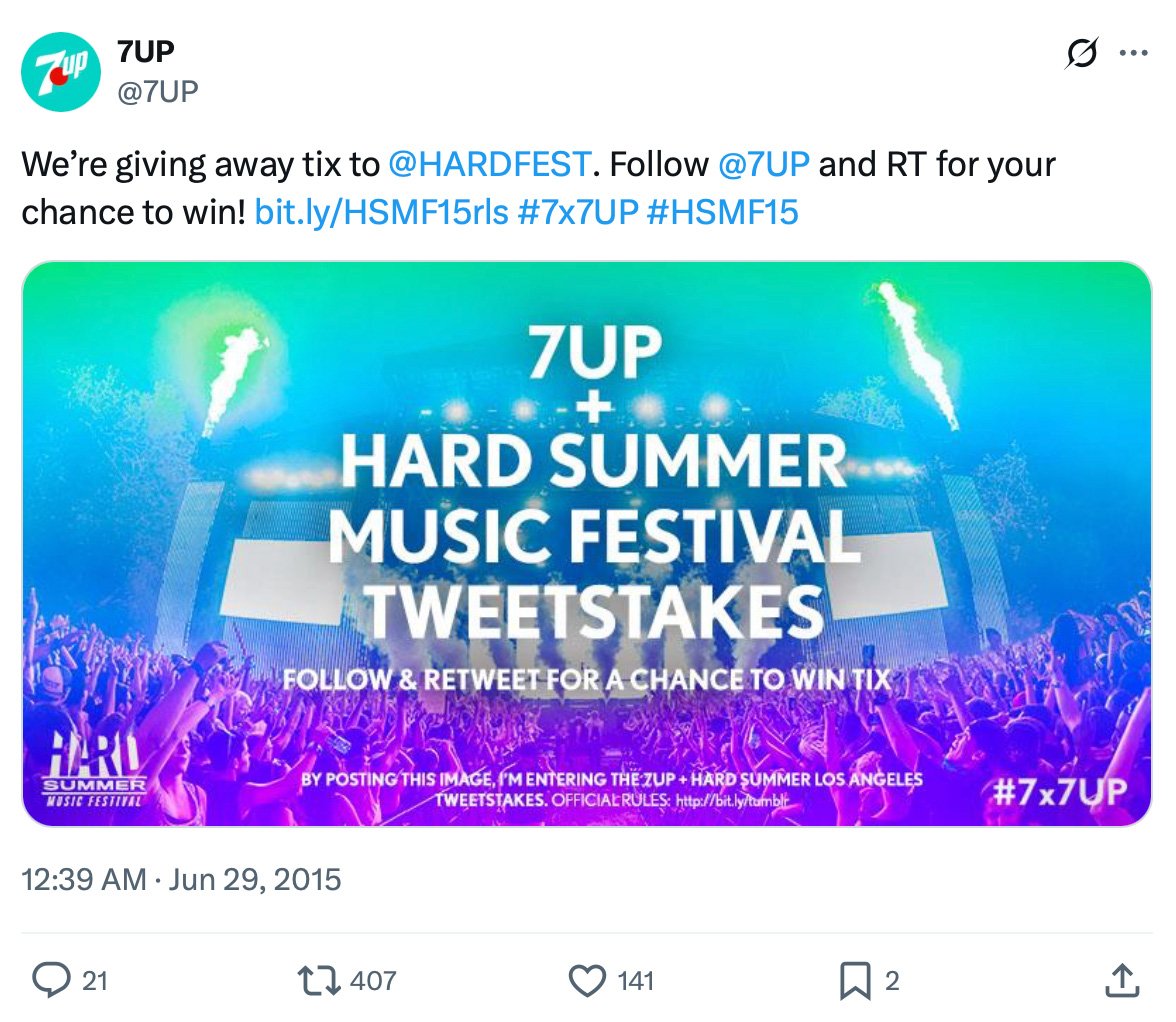 7UP launches a Twitter sweepstakes to win tickets to HARD Summer Music Festival Colorful festival crowd and stage lights promoting the 7UP + HARD Summer Music Festival tweetstakes