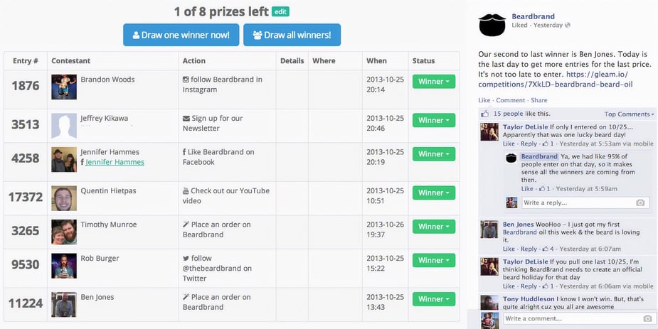 Backend view of Beardbrand's giveaway campaign winners list