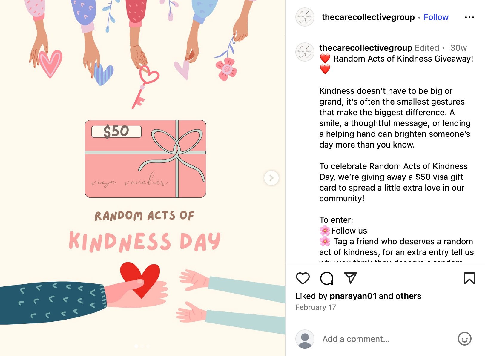 The Care Collective keeps momentum with a Random Acts of Kindness follow-up giveaway The Care Collective runs a Random Acts of Kindness giveaway with a $50 Visa gift card to keep their audience engaged