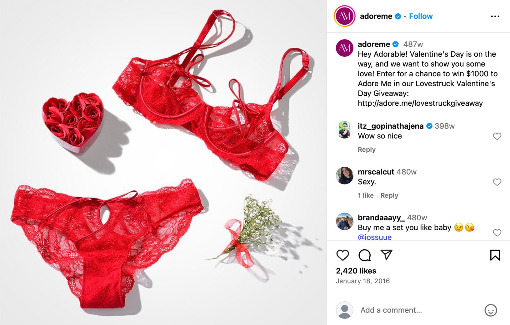 Adore Me Valentine's Day giveaway promotion on Instagram Adore Me Instagram post showcasing a Valentine's Day lingerie giveaway campaign