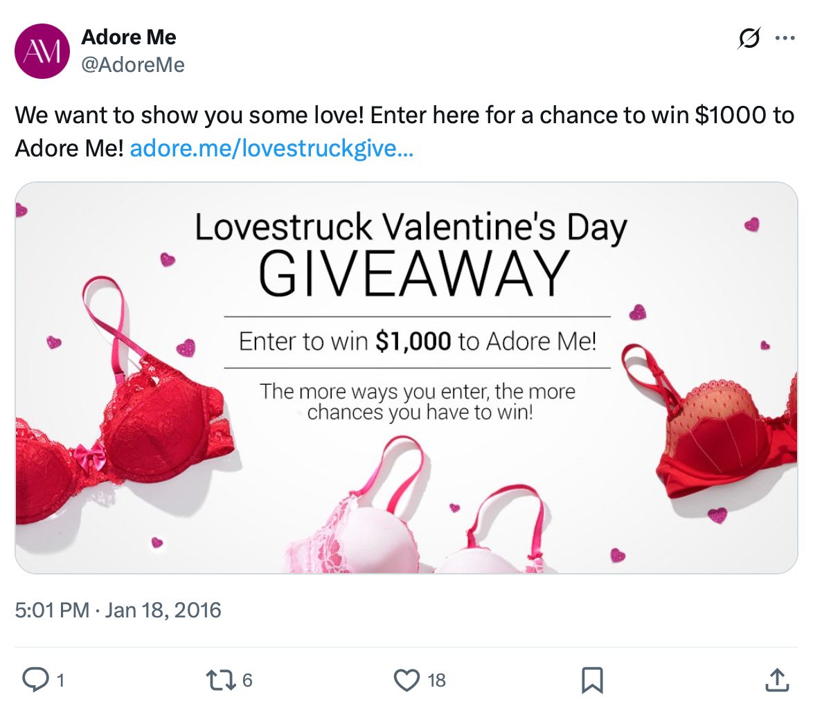 Adore Me spreads love with a $1000 giveaway for Valentine’s Day Adore Me's Lovestruck Valentine's Day giveaway banner promoting a $1000 prize with bras and hearts as decoration