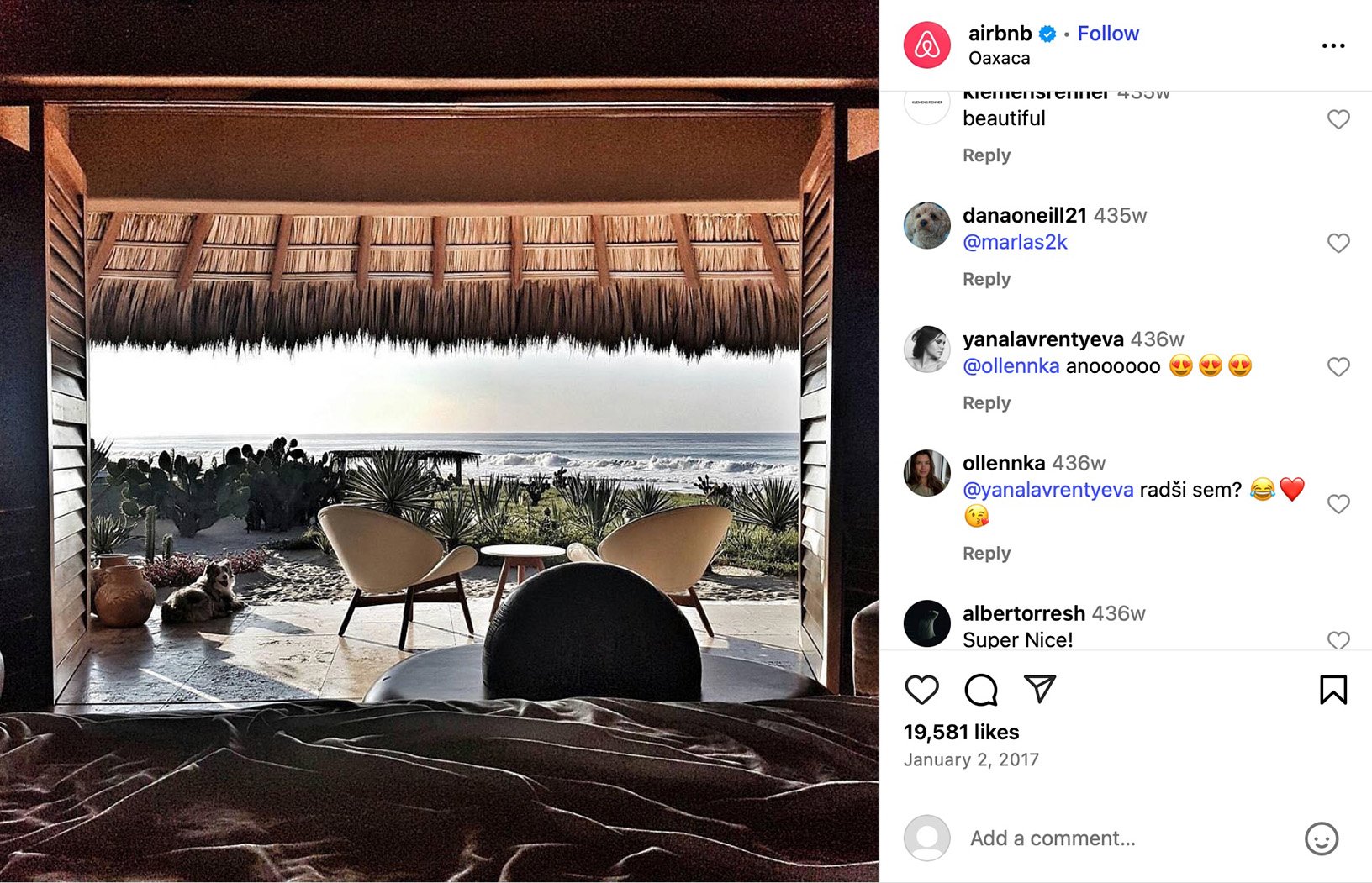 Airbnb showcases stunning coastal stay in Oaxaca, Mexico Oceanfront view from a thatched-roof Airbnb in Oaxaca with modern chairs and a small dog in the sun