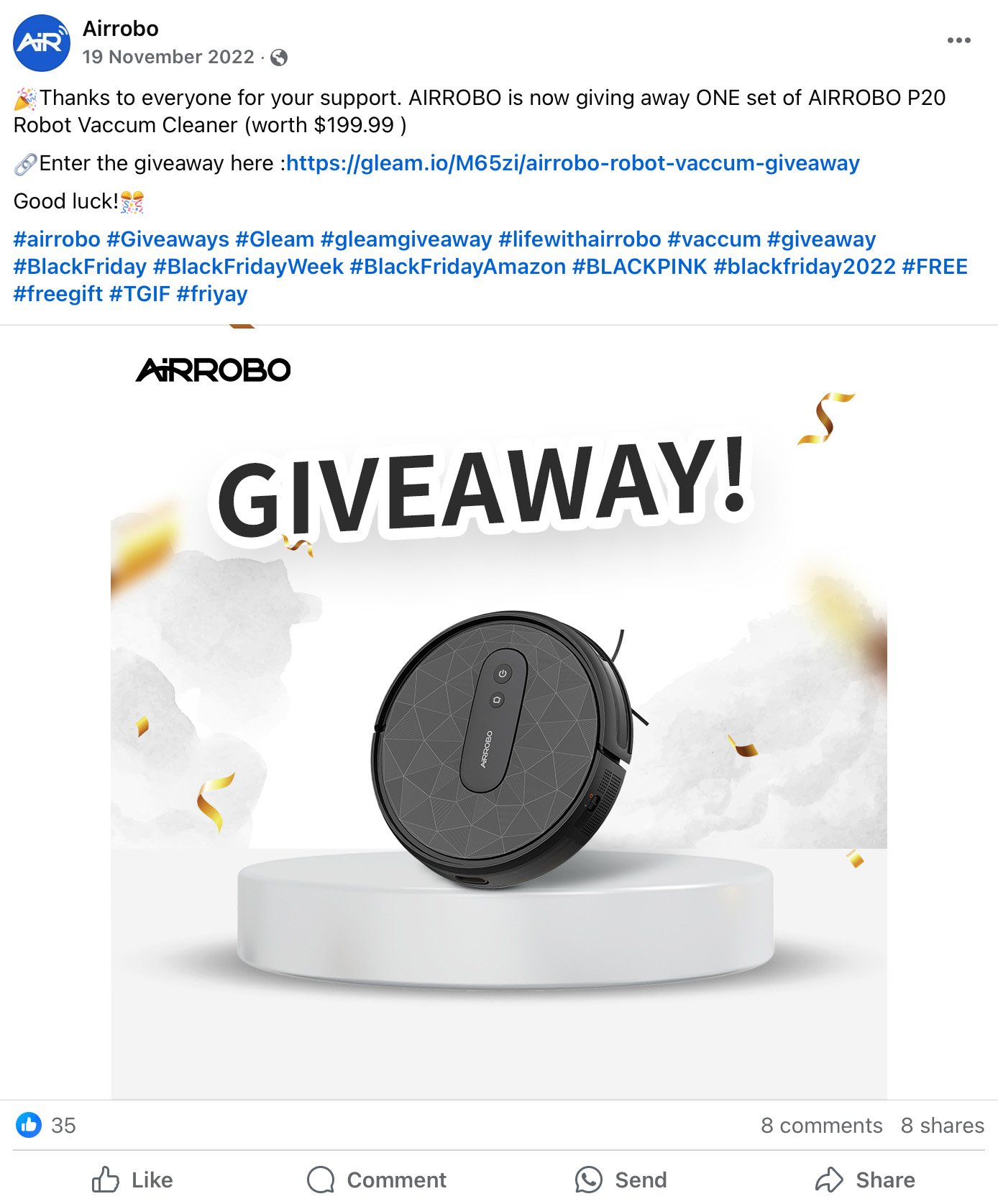AIRROBO Facebook post promoting a smart home giveaway with robot vacuum product