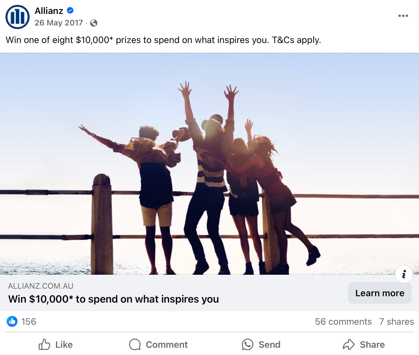 Allianz offers $10,000 prizes to help people pursue what inspires them Four friends silhouetted against the sky jumping excitedly near a coastal boardwalk, promoting a $10,000 prize giveaway