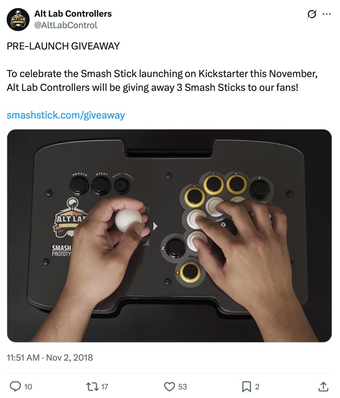 Alt Lab Controllers launches Smash Stick giveaway ahead of Kickstarter Hands holding and using Alt Lab Smash Stick controller with yellow and white buttons