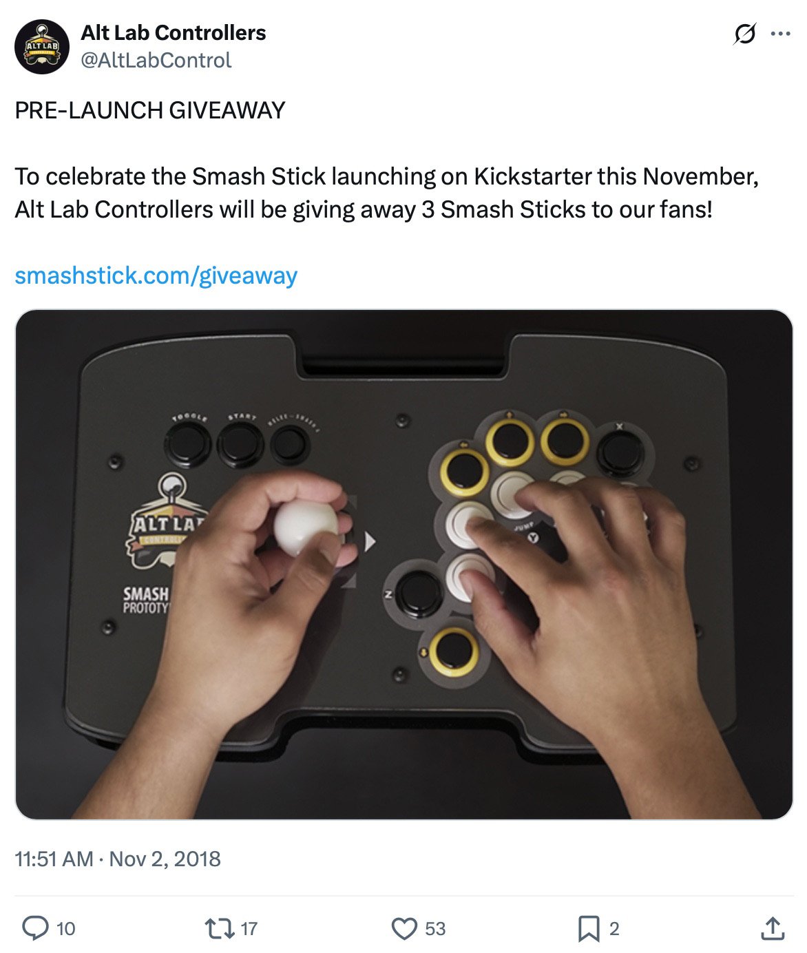 Alt Lab Giveaway — Win 1 of 3 Smash Sticks ahead of their Kickstarter launch Twitter post featuring hands using a Smash Stick controller, promoting Alt Lab’s pre-launch giveaway