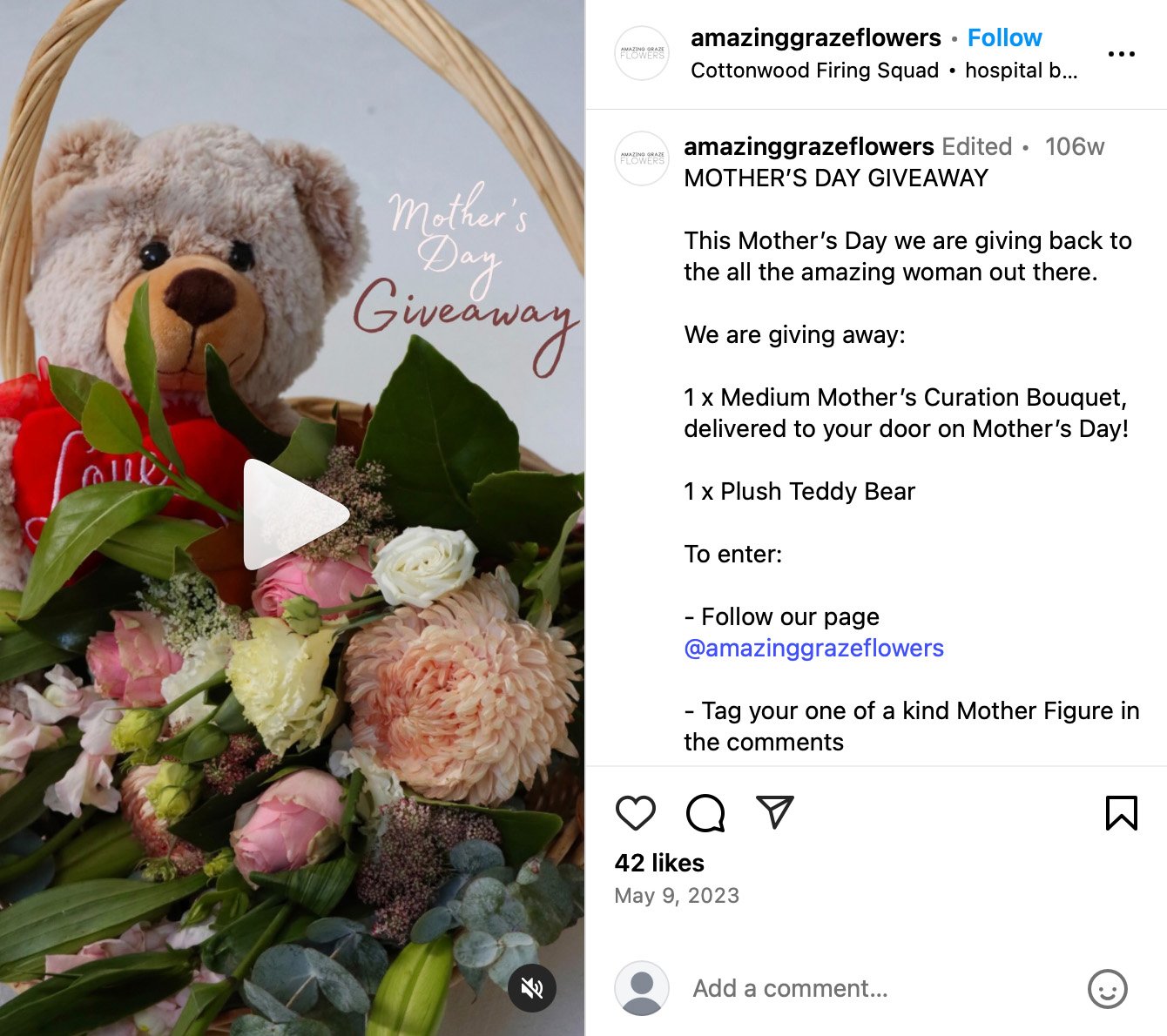 Amazing Graze Flowers giveaway campaign on Instagram Amazing Graze Flowers Instagram post promoting a floral giveaway with elegant bouquet imagery