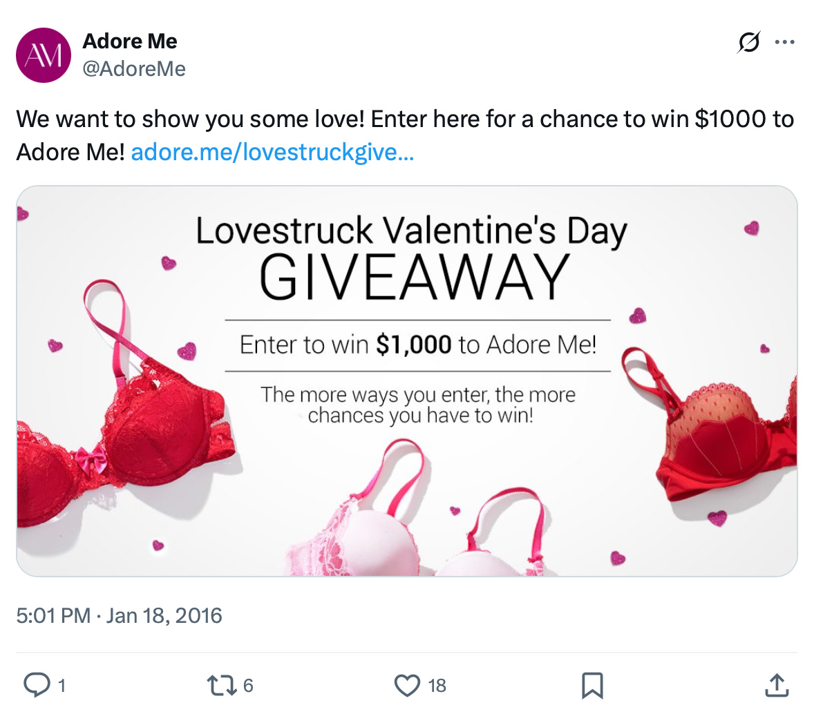 Twitter campaign featuring Adore Me's Amore giveaway Adore Me Amore giveaway promotion on X (Twitter)