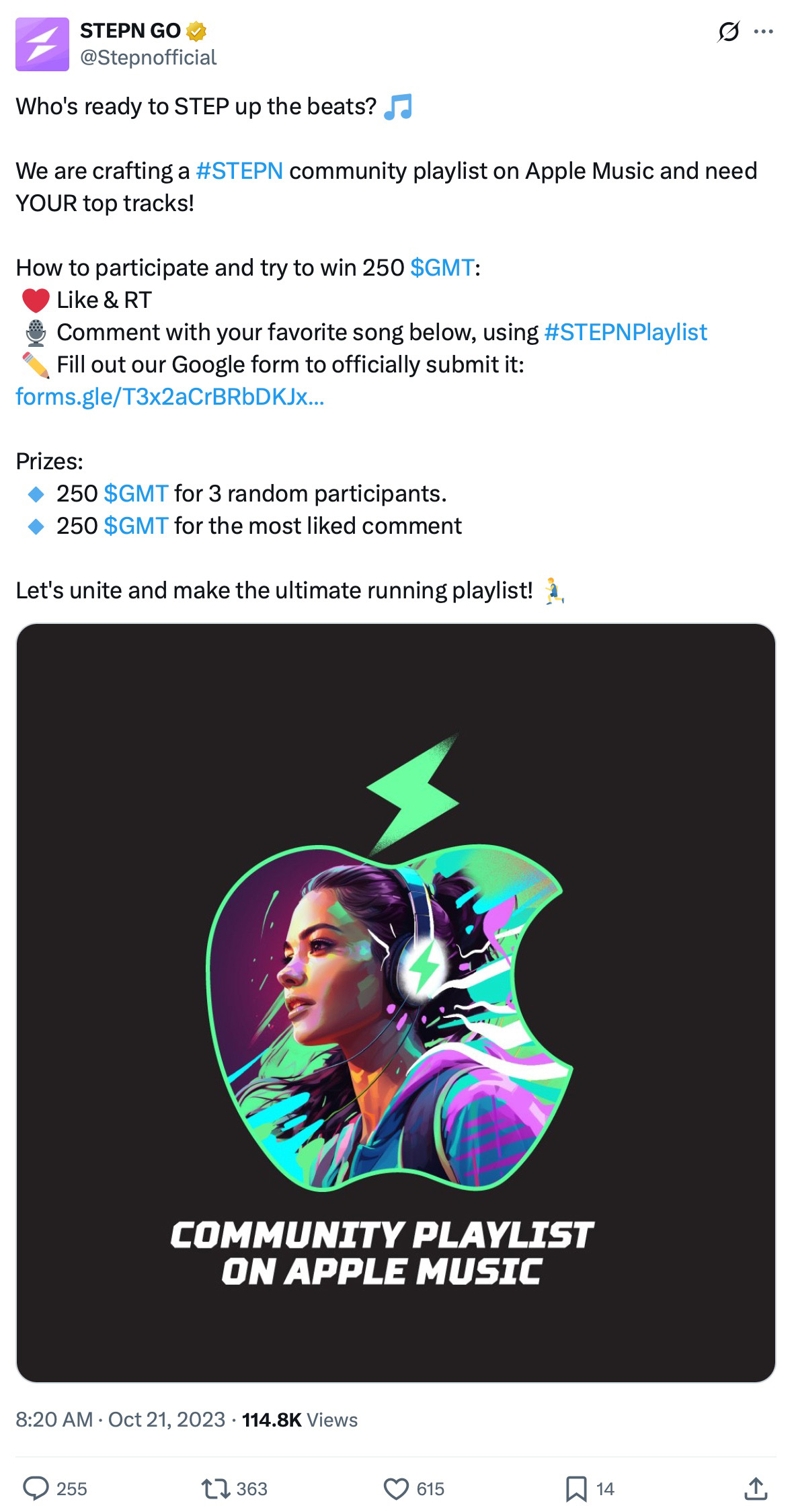STEP'N community playlist competition on Apple Music with fans submitting songs to win $GMT