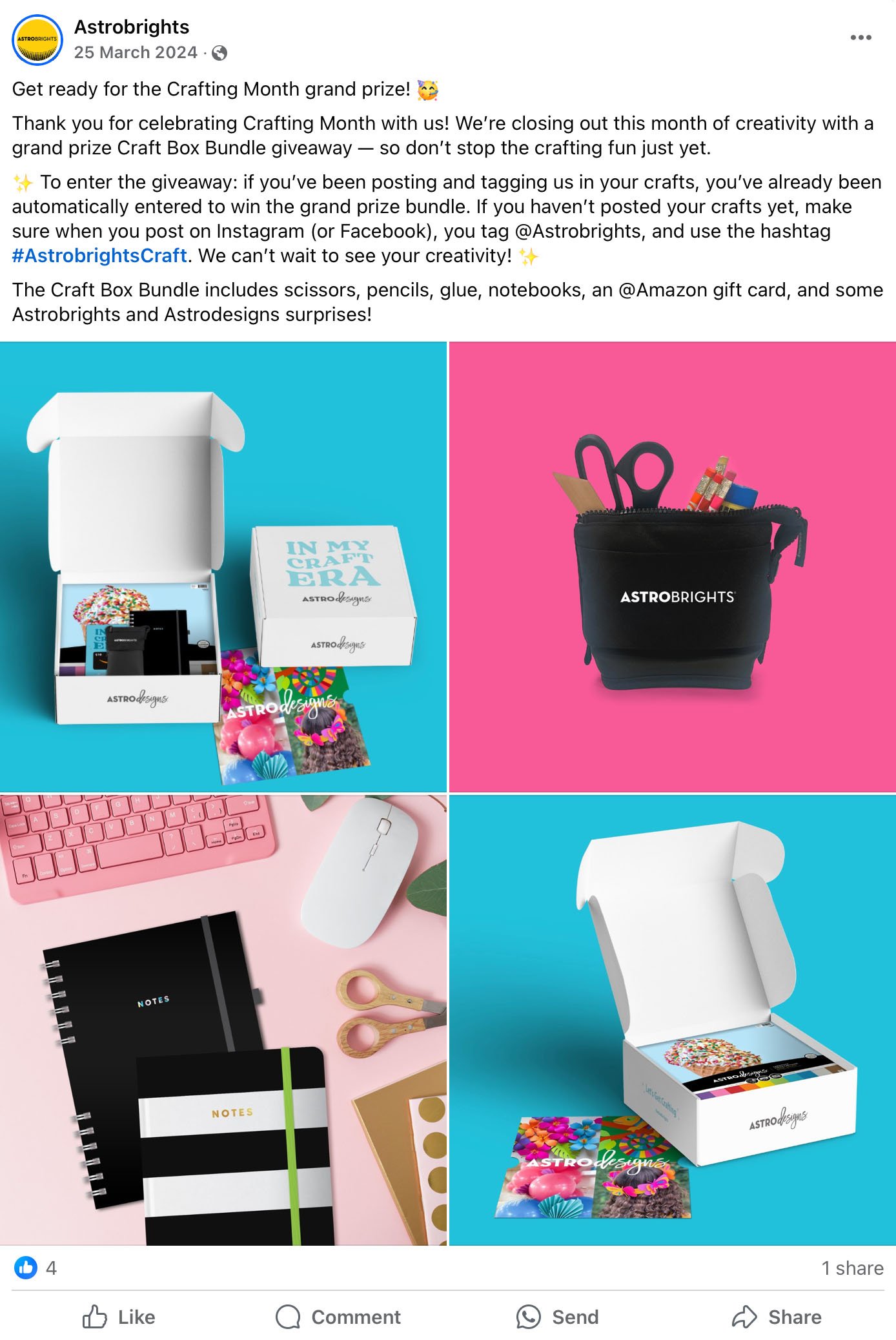 Astrobrights wraps Crafting Month with grand prize giveaway Astrobrights Craft Box giveaway promo with notebooks, scissors, pens, and branded packaging