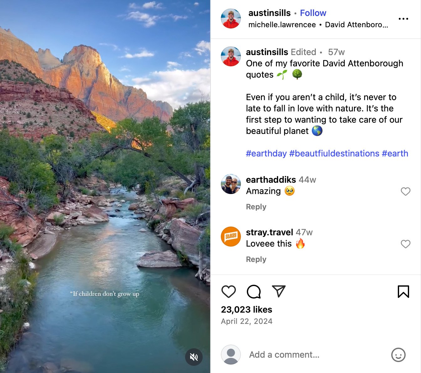 Austin Sills shares Earth Day quote and view from Zion National Park River winding through red rock canyon with trees and mountains lit by sunrise