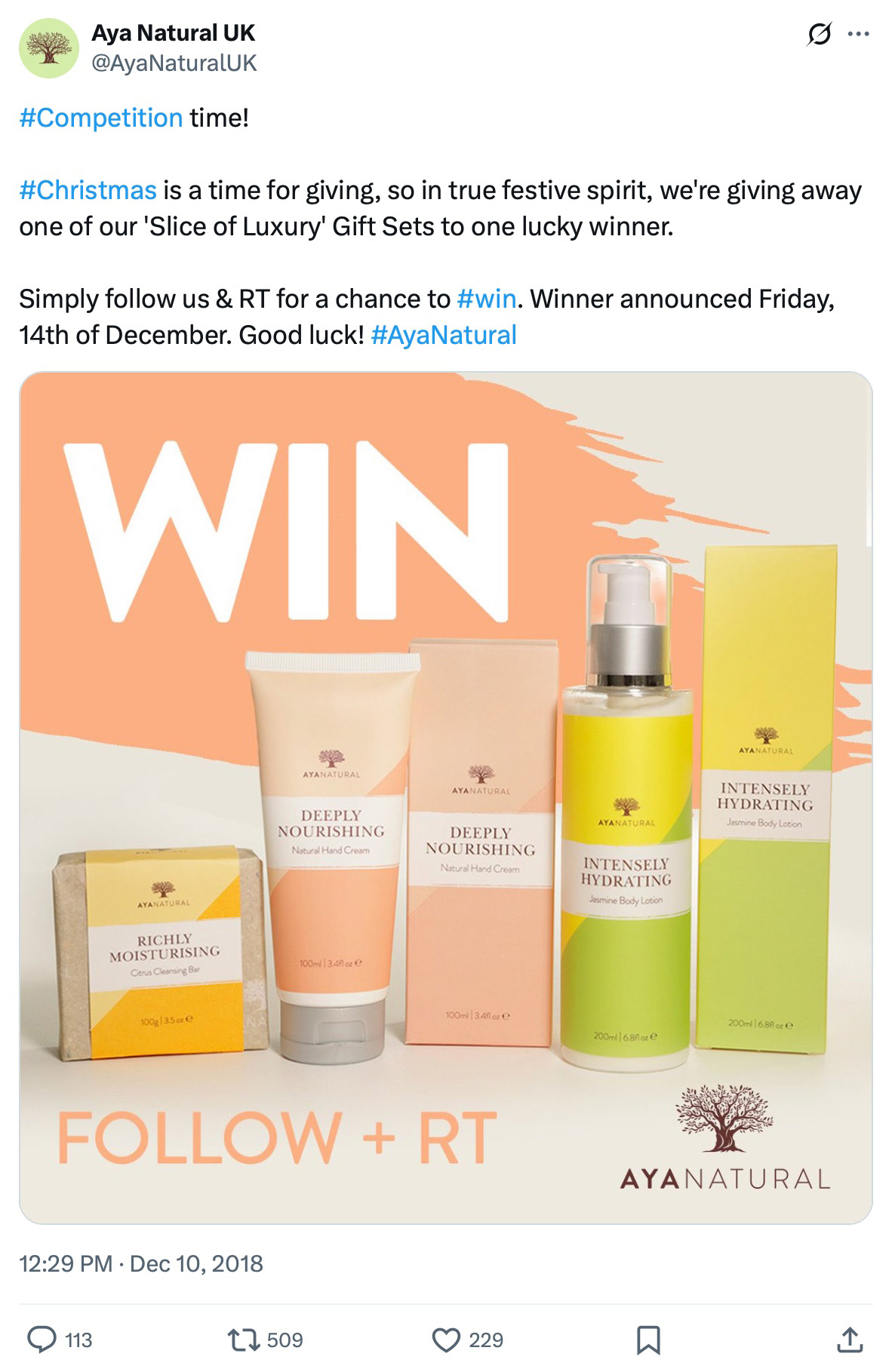 Aya Natural gift set including lotion, cream, and soap against a peach background