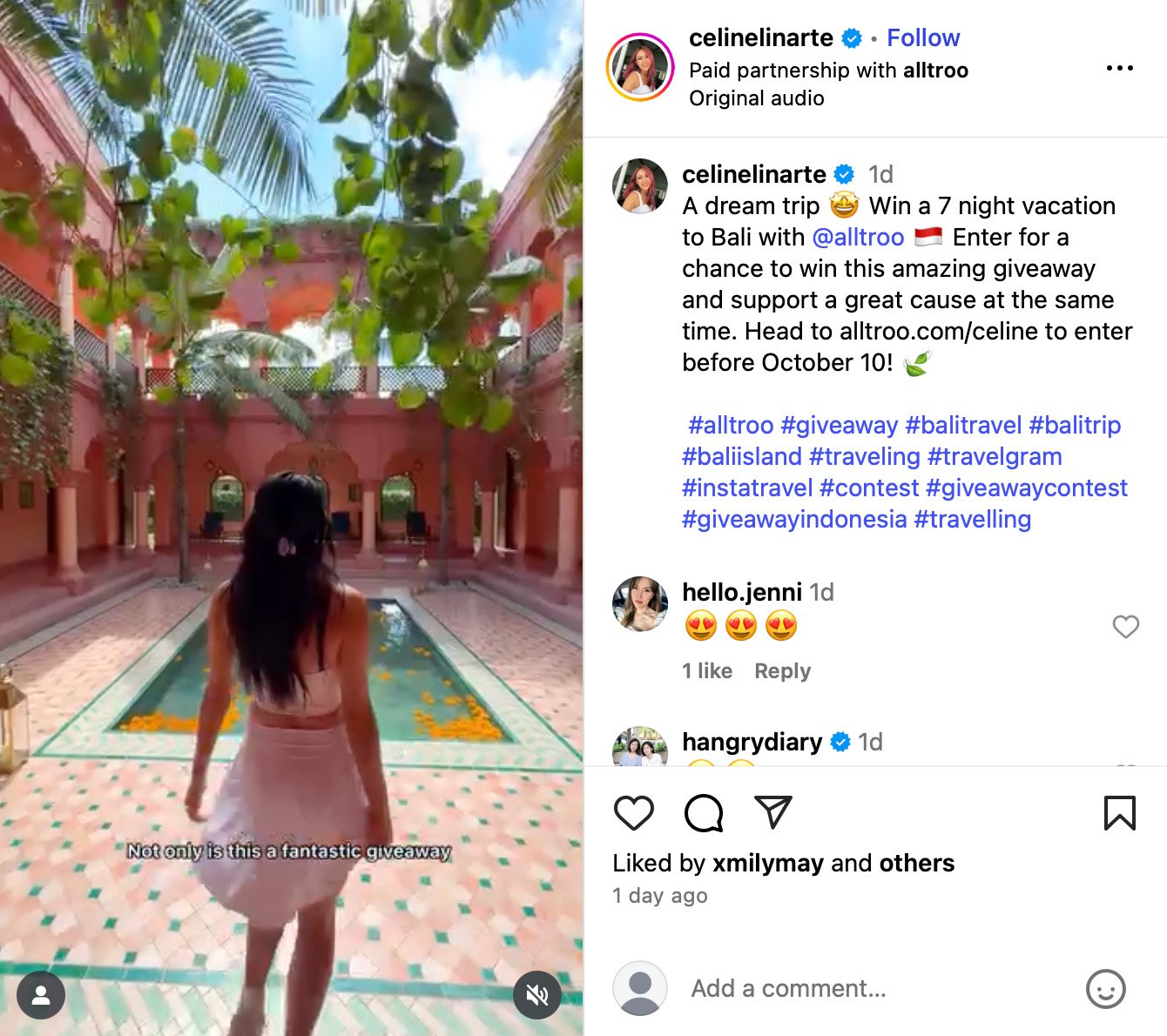 Example of a Bali vacation charity giveaway campaign run by influencer Celine Lin and Alltroo