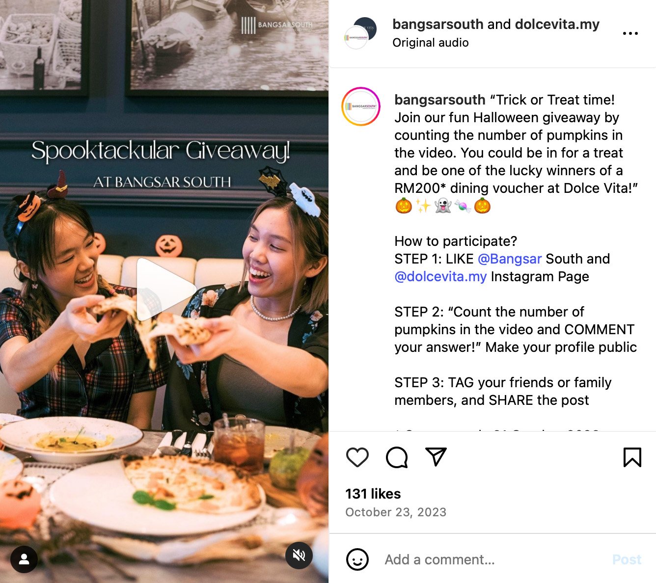 Bangsar South festive giveaway campaign on Instagram Bangsar South Instagram post promoting a giveaway with festive branding and shopping district visuals