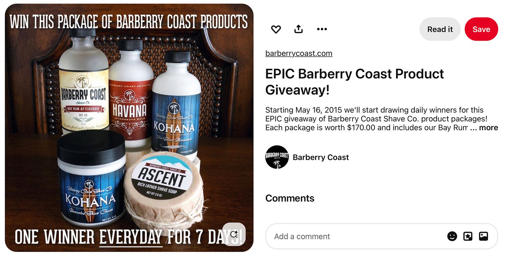 Pinterest promotion for Barberry Coast brand awareness Barberry Coast product giveaway on Pinterest
