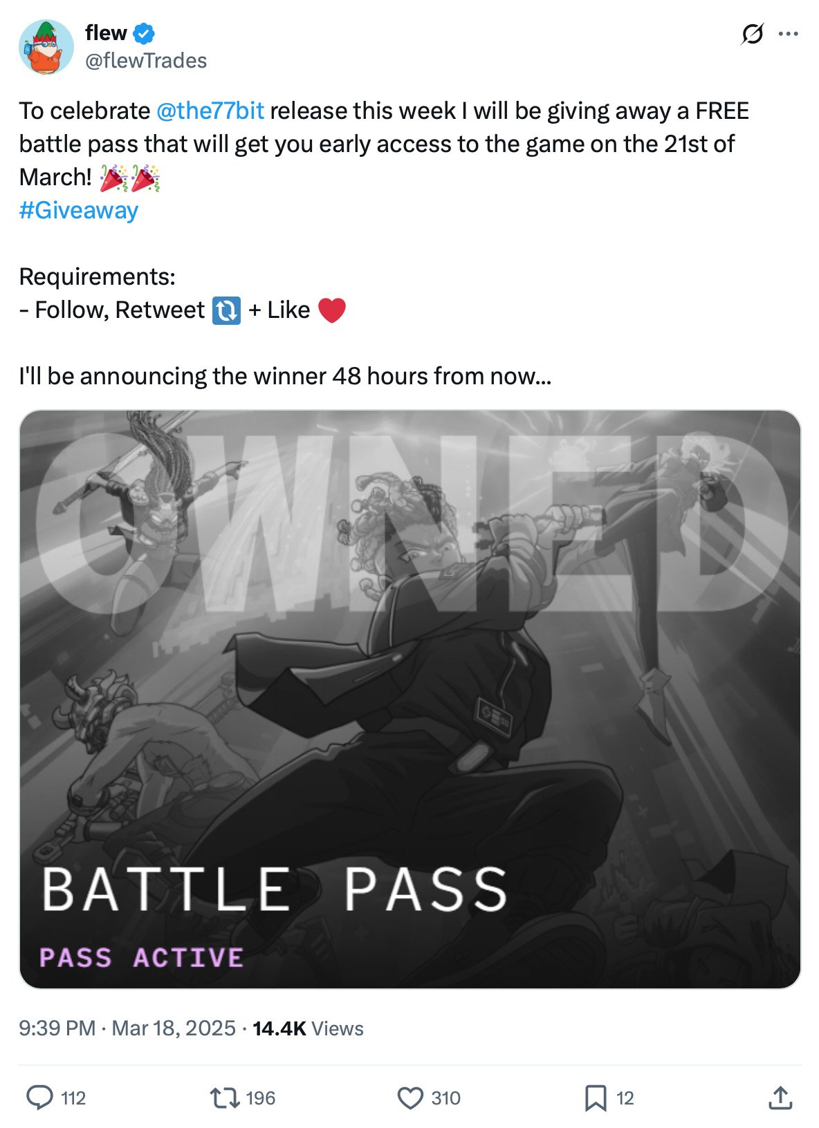 The77Bit early access giveaway post featuring battle pass artwork by Flew Twitter giveaway post by Flew offering a free battle pass for early access to The77Bit game