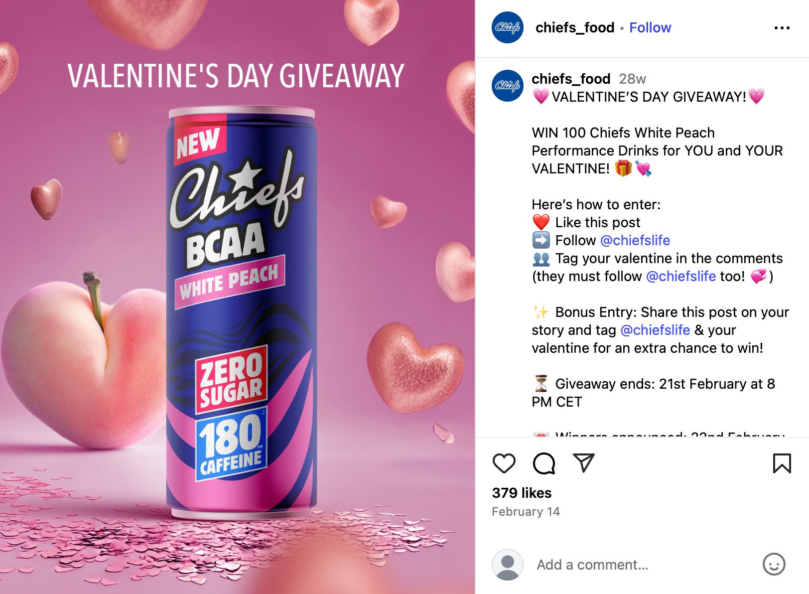 Valentine’s giveaway example on Instagram promoting Chiefs BCAA White Peach drinks Instagram Valentine’s giveaway post featuring a can of Chiefs BCAA White Peach energy drink with pink hearts and festive design