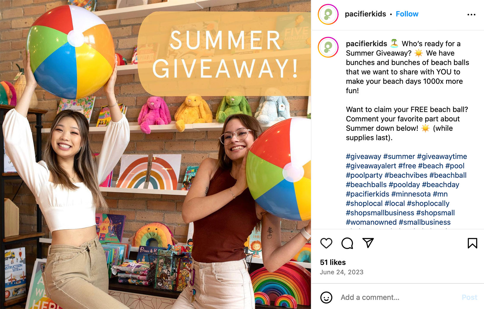 Run a family-friendly beach giveaway to boost summer engagement Instagram post promoting a family-friendly beach giveaway
