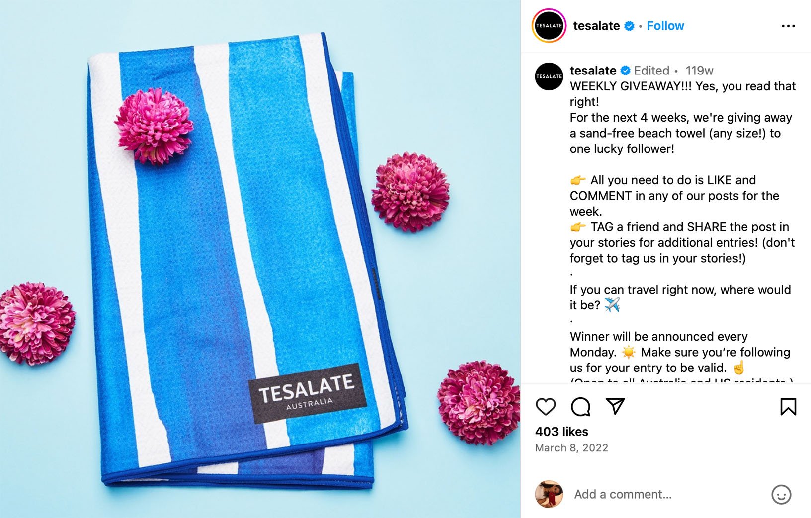 Run a summer-themed beach towel giveaway to boost Instagram engagement Instagram post promoting a beach towel giveaway for summer engagement