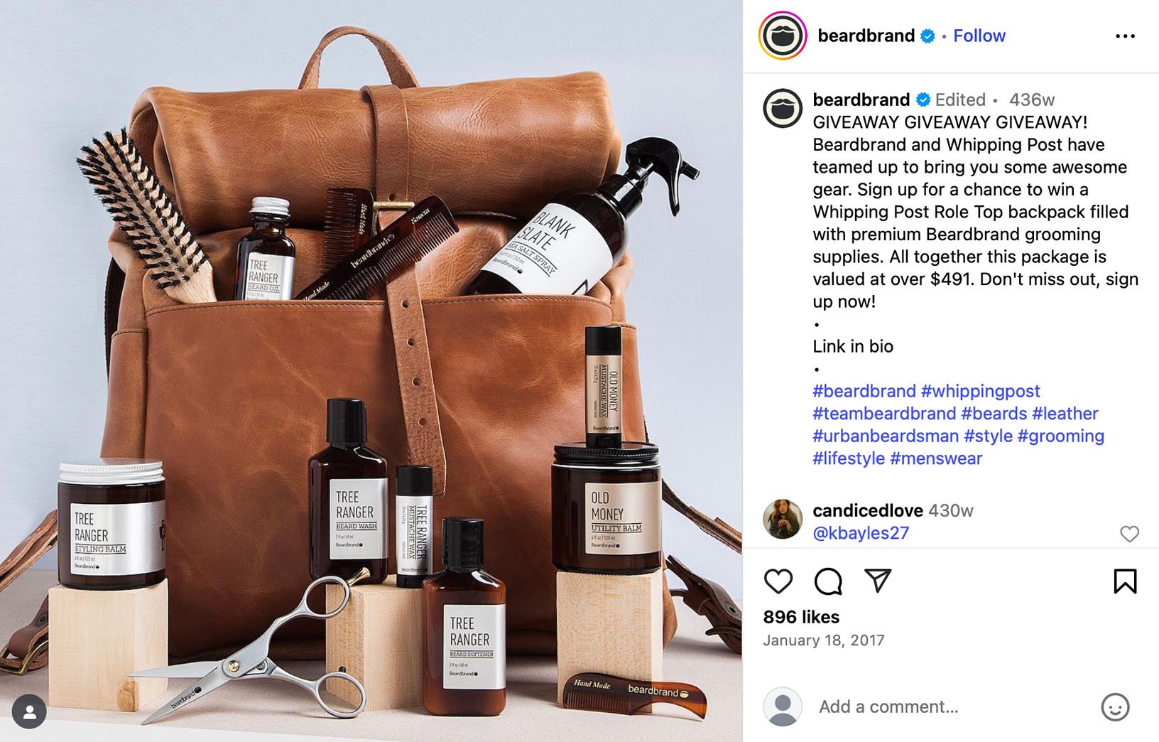Beardbrand teams up with Whipping Post for $491 grooming bundle giveaway Beardbrand grooming set including beard wash, utility balm, and accessories displayed with a leather backpack