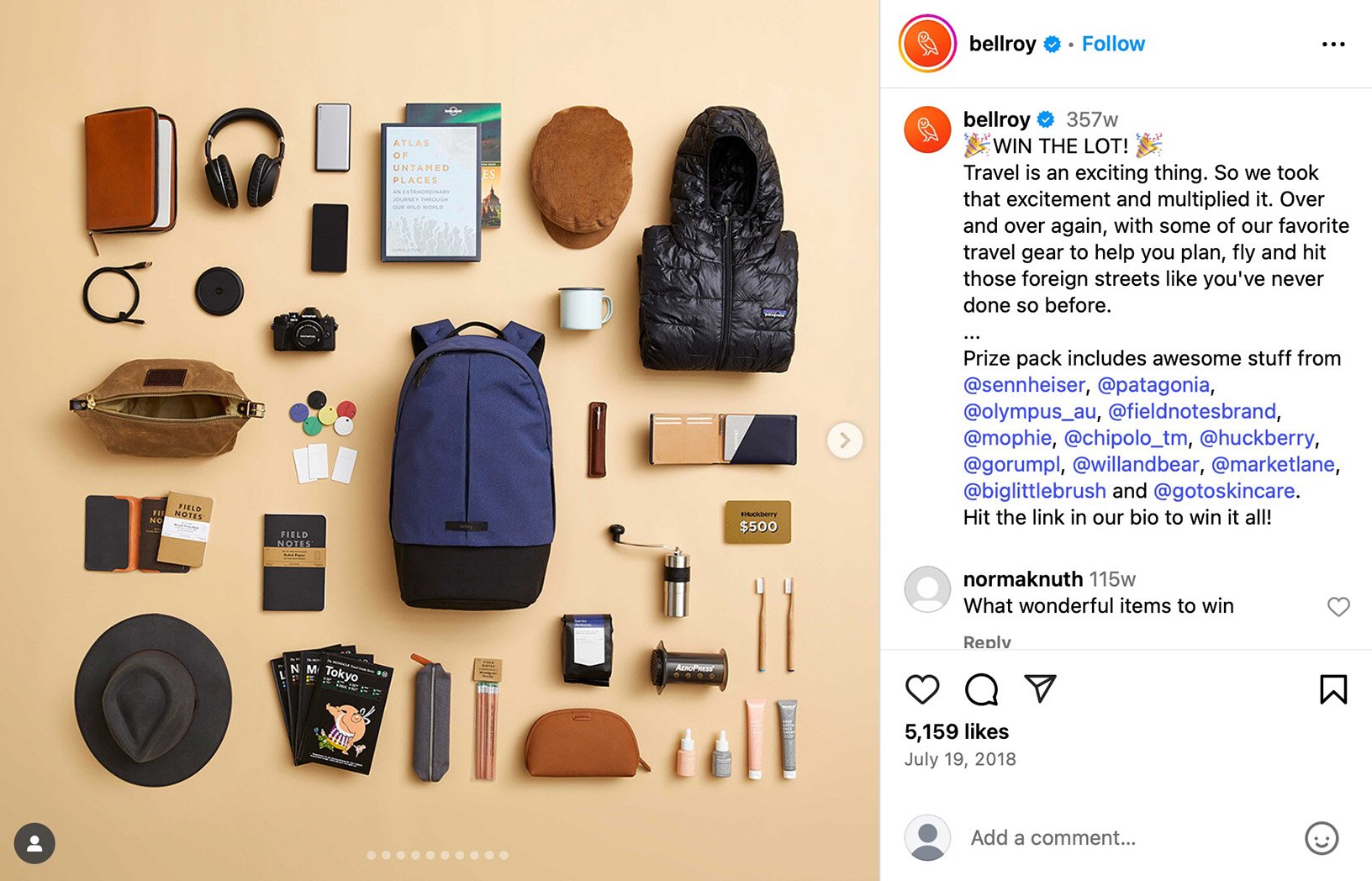 Flat lay of Bellroy travel gear including backpack, headphones, and essentials