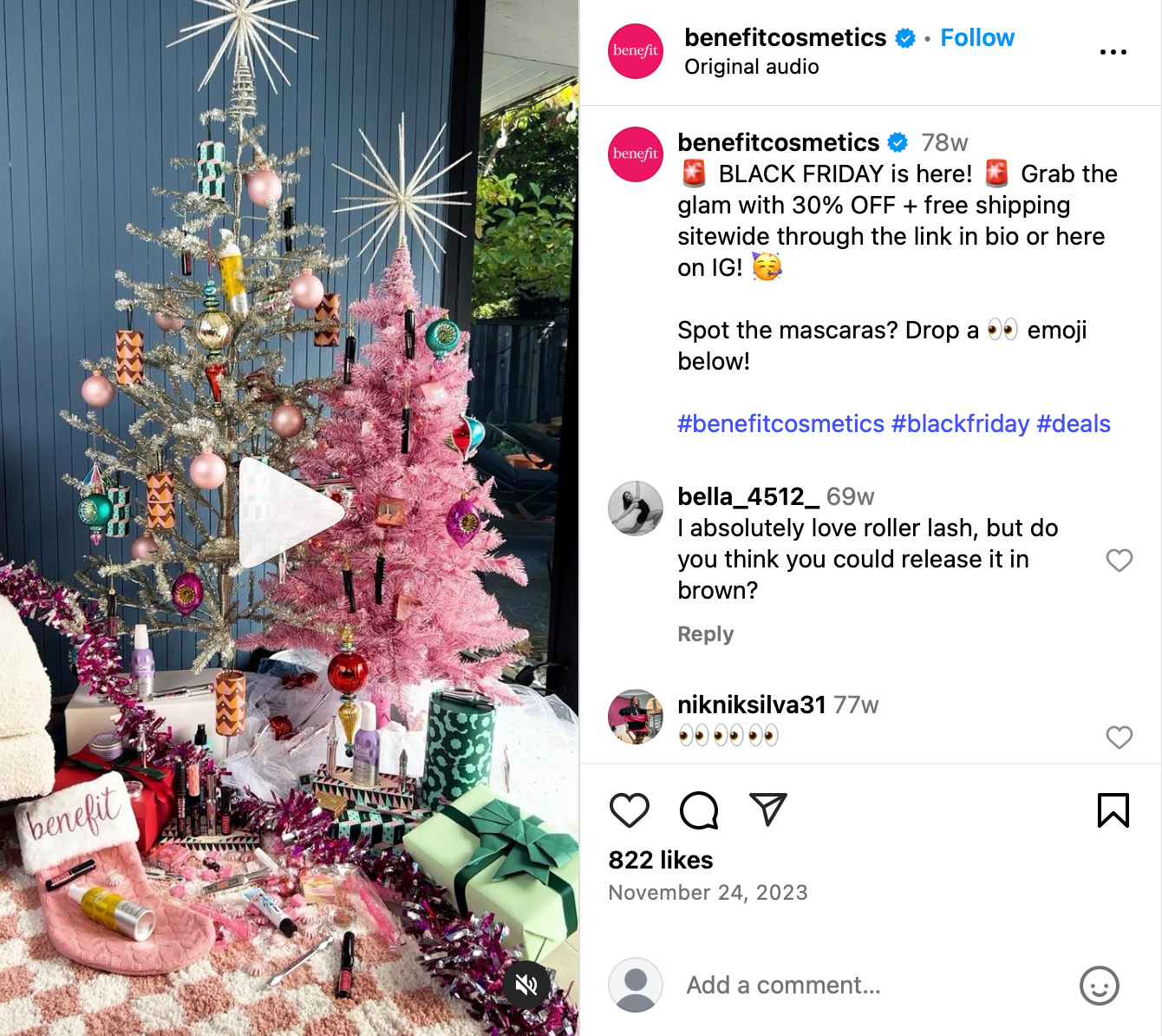 Benefit Cosmetics holiday giveaway campaign on Instagram Benefit Cosmetics Instagram post featuring a beauty giveaway with branded products and holiday packaging