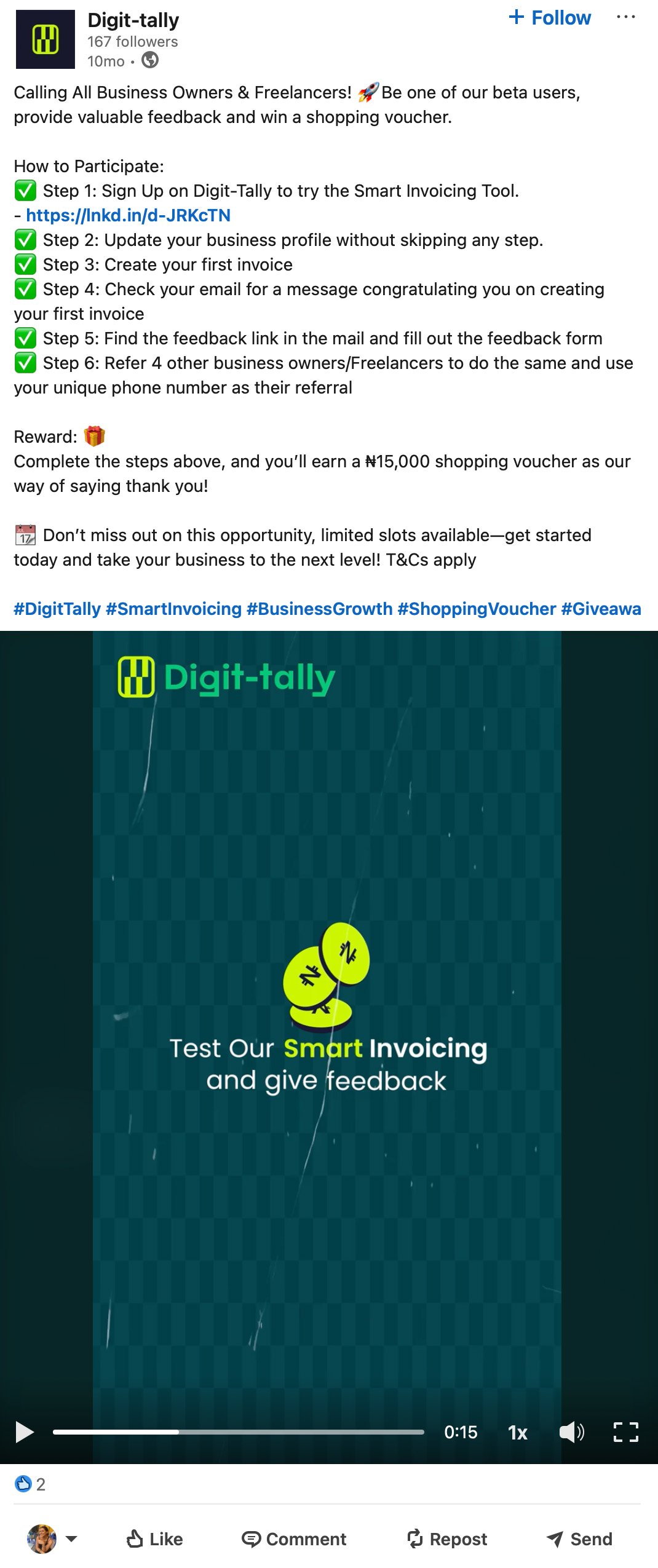 Digit-tally LinkedIn giveaway offering a ₦15,000 voucher for testing their invoicing tool LinkedIn post promoting Digit-tally's smart invoicing tool beta test with a reward for feedback