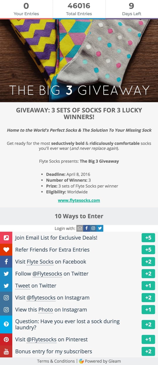Gleam widget for Flyte Sock's Big 3 Giveaway
