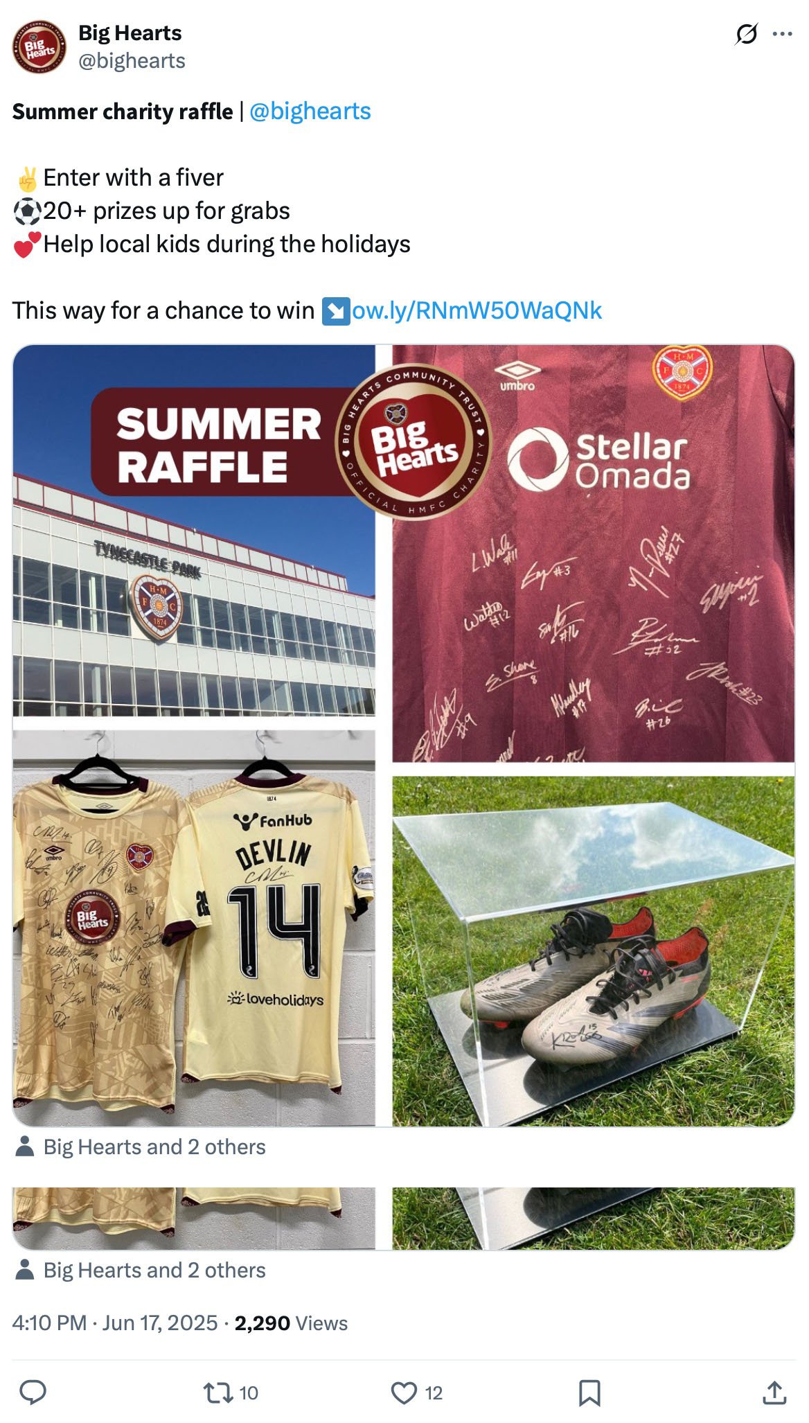 Big Hearts Summer Charity Raffle With 20+ Football Prizes Big Hearts tweet promoting a summer charity raffle with signed football shirts, boots and stadium photo