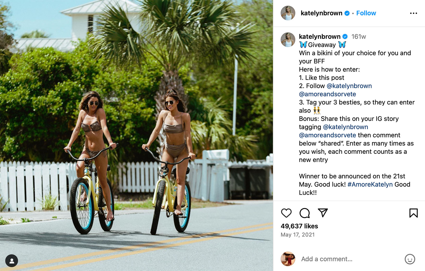 Drive summer engagement with a bikini giveaway campaign Instagram post promoting a bikini giveaway for summer engagement