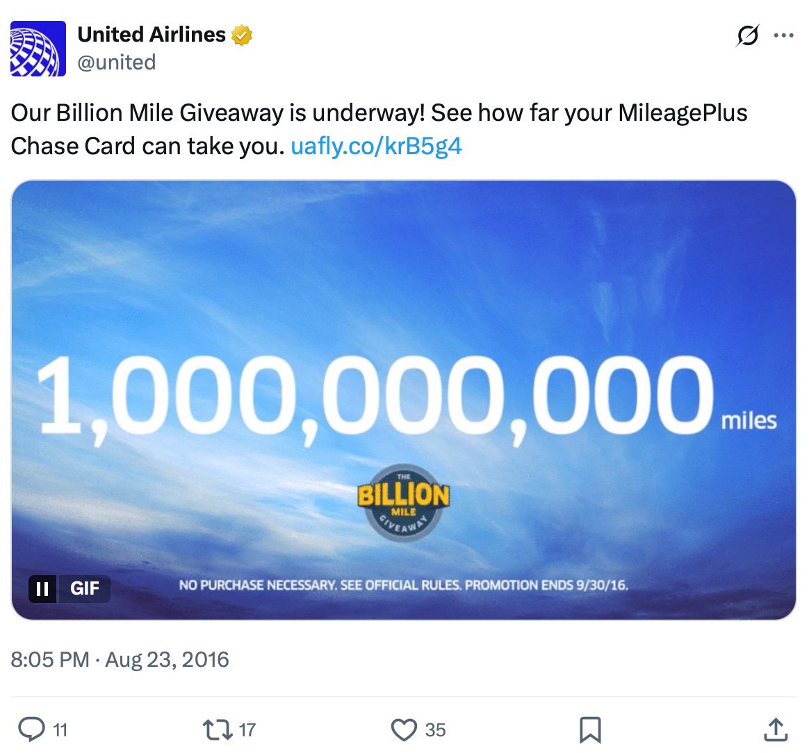 Twitter campaign for United Airlines billion mile promotion United Airlines billion mile giveaway on Twitter