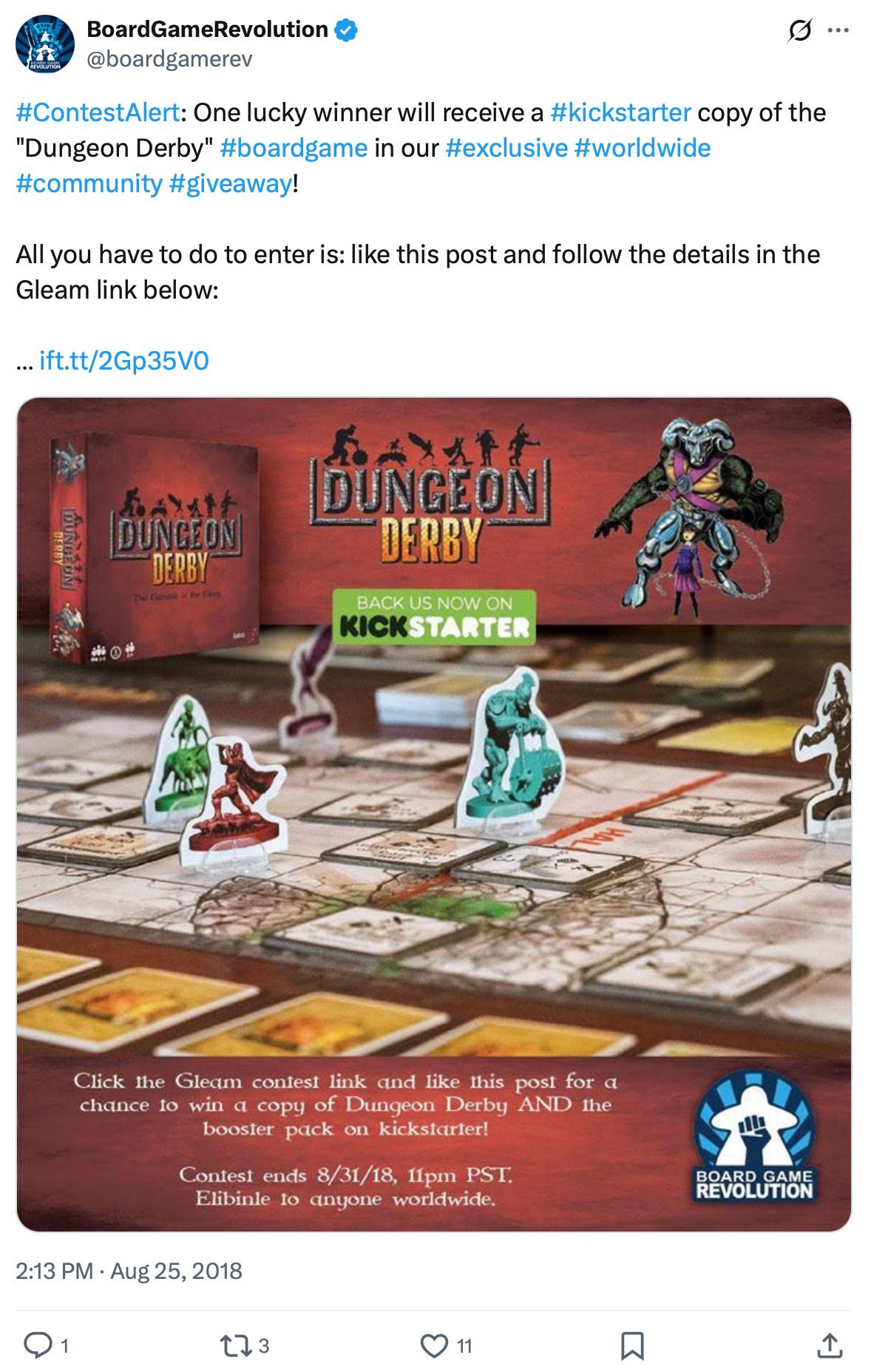 BoardGameRevolution hosts Dungeon Derby giveaway on Kickstarter Dungeon Derby board game with characters on the board and contest rules overlay