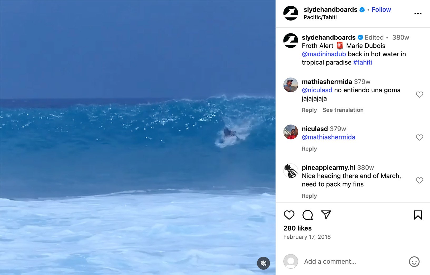 Slyde Handboards shares a thrilling surf moment from Tahiti Close-up view from the water as a wave crashes, capturing the thrill of surfing in Tahiti