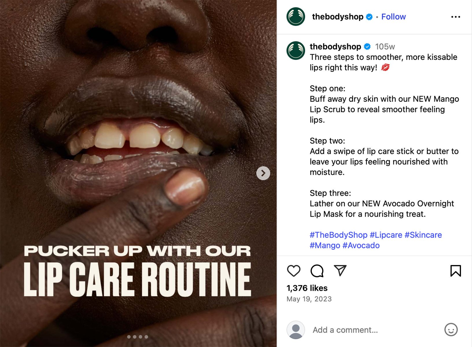 The Body Shop promotes mango scrub and avocado lip mask Close-up of lips and finger with text 'Pucker up with our lip care routine'