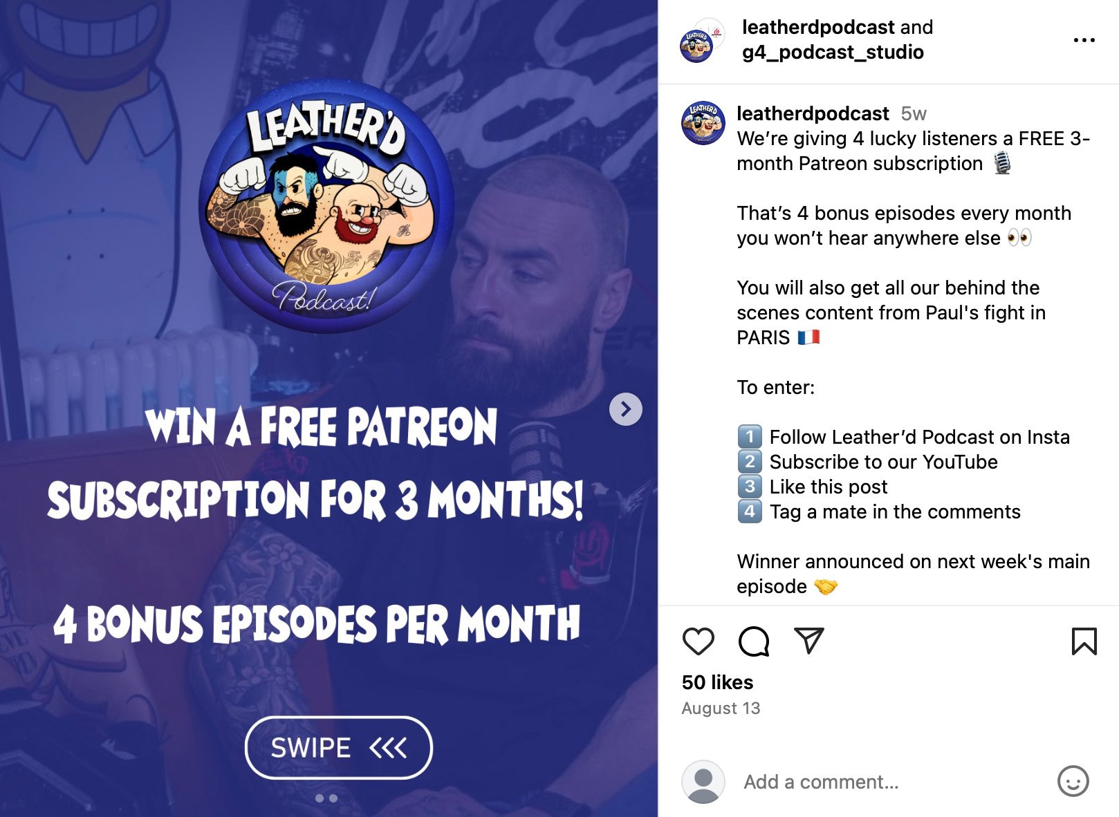 Giveaway graphic — Win a 3-month Patreon subscription with 4 bonus episodes per month Instagram giveaway graphic by Leather’d Podcast offering free 3-month Patreon subscription with bonus episodes