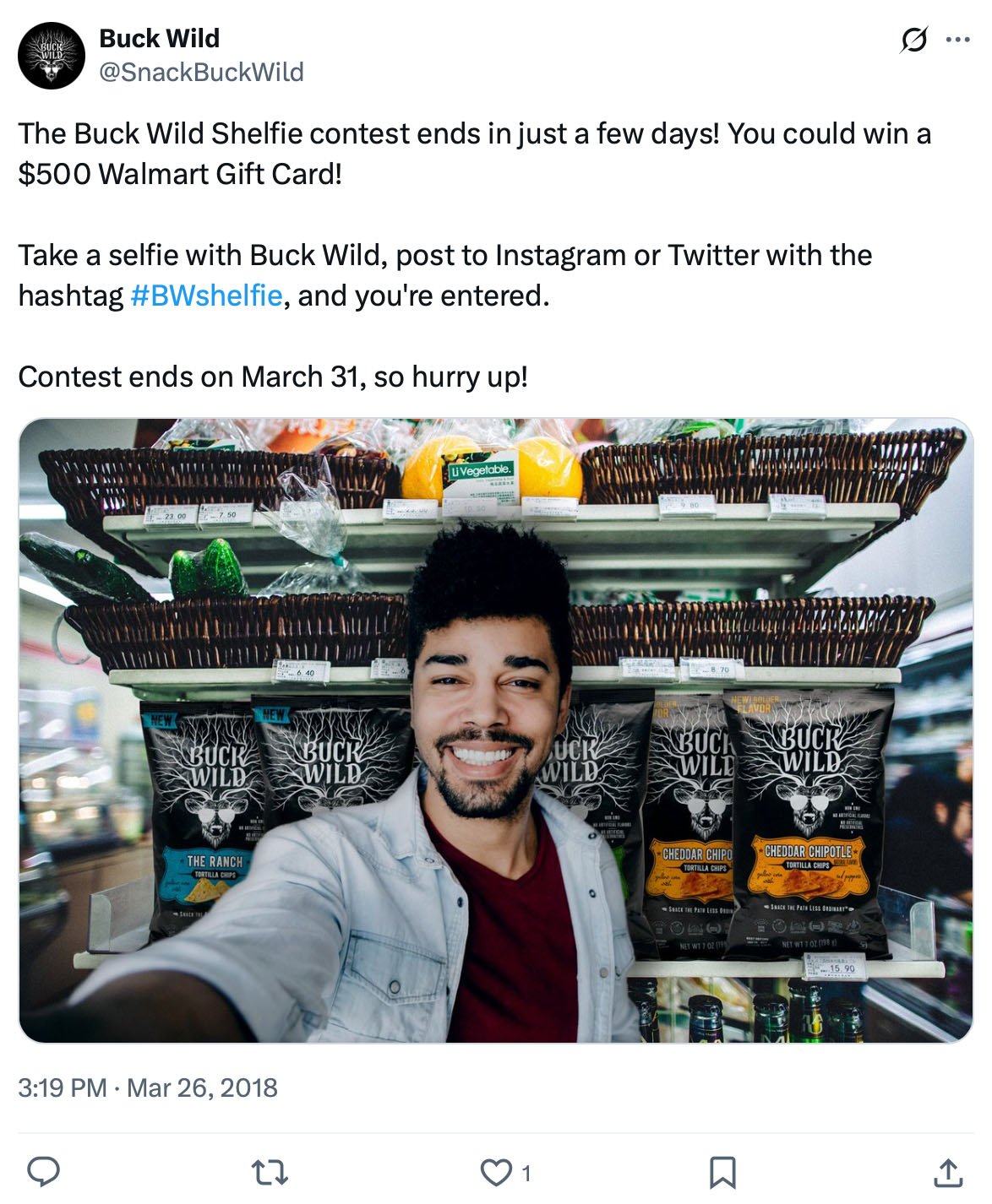 Buck Wild's Shelfie contest offers a $500 Walmart Gift Card for selfie submissions Man smiling in selfie with Buck Wild chips on the shelf behind him, promoting the Shelfie contest