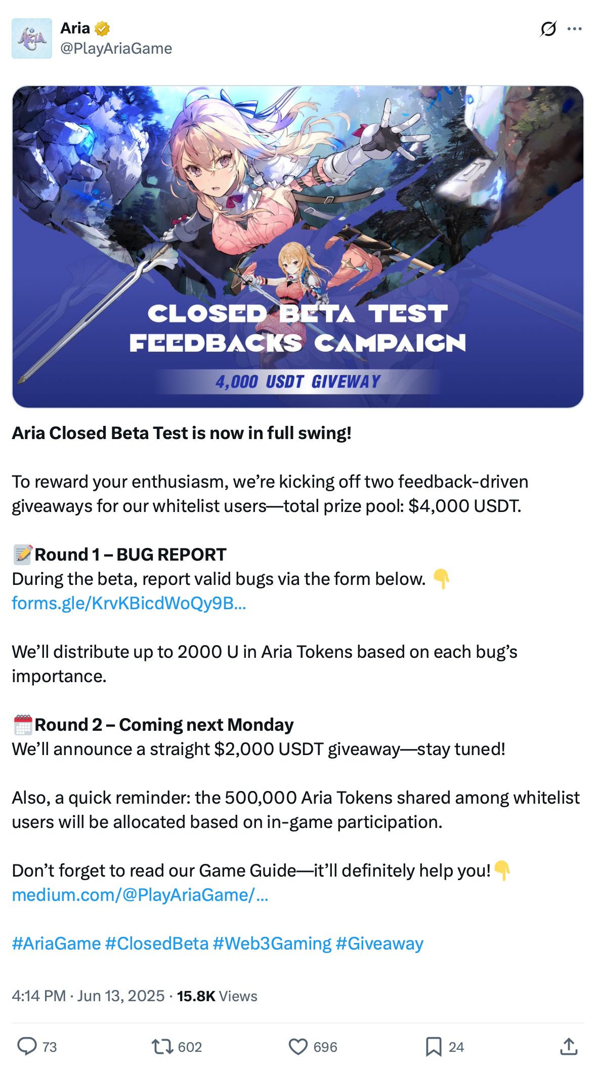 Anime-style character with sword promoting Aria closed beta test feedback campaign and 4,000 USDT giveaway
