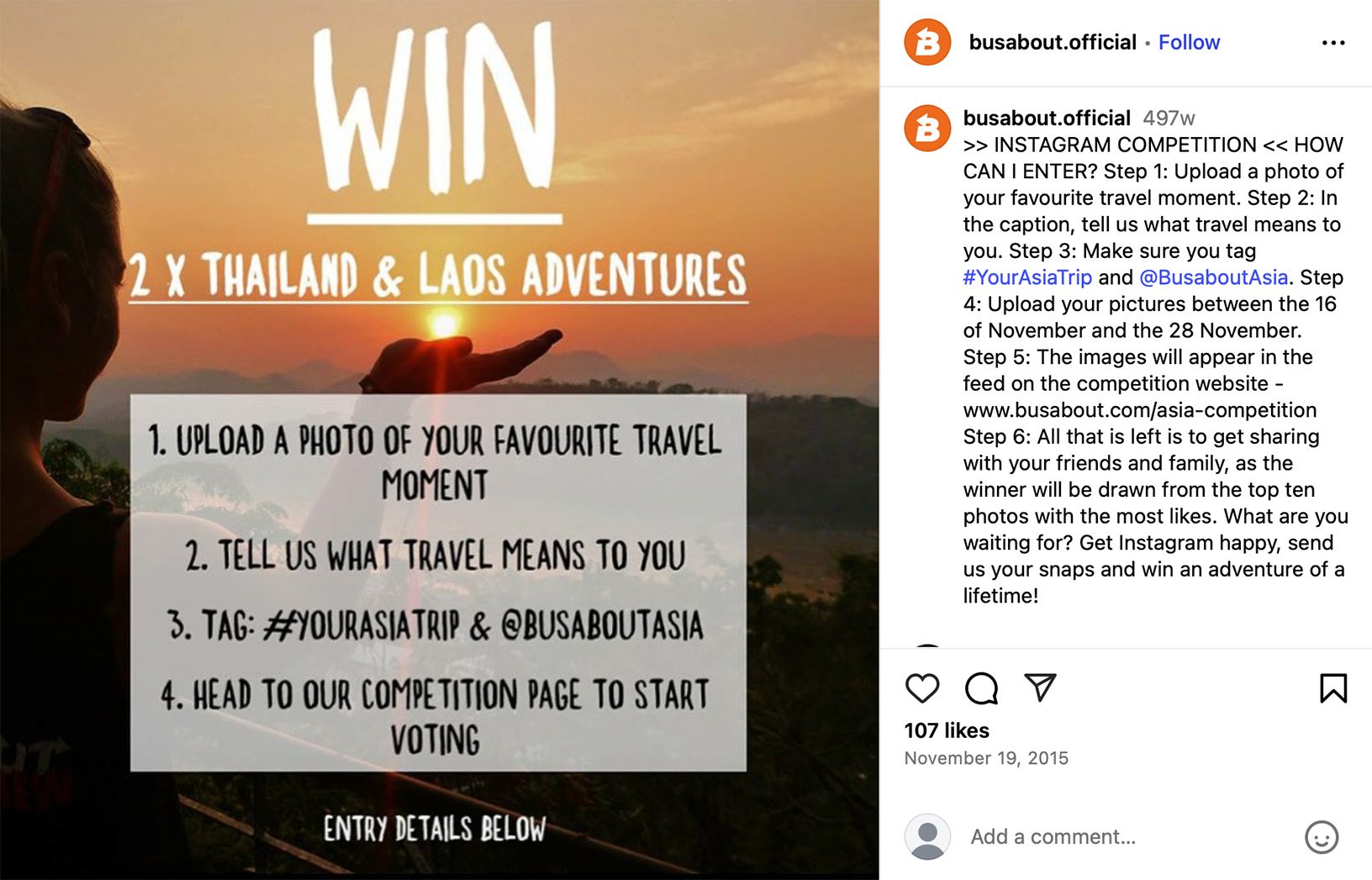 Busabout invites fans to share their favorite travel moments for a chance to win a Thailand & Laos adventure A woman holding her hand up to a sunset with contest instructions for a travel adventure giveaway