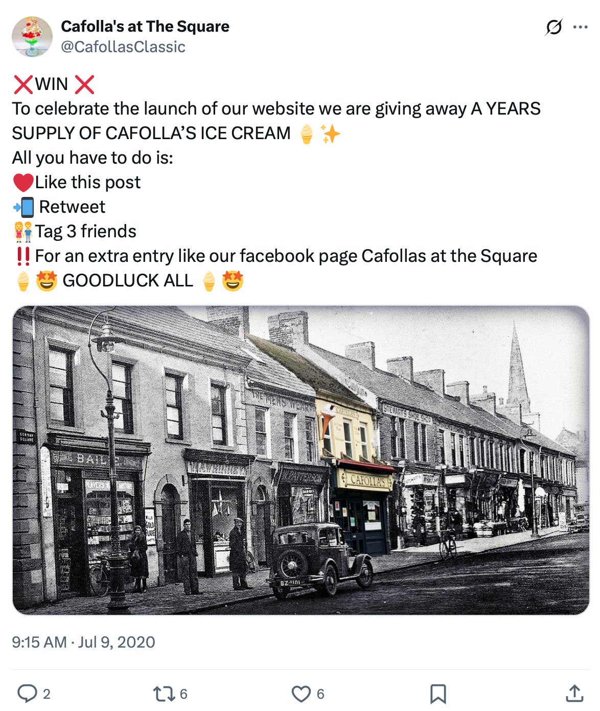 Black and white photo of a street with Cafolla’s storefront in color for giveaway promo