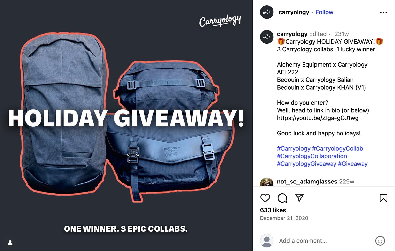 Three Carryology backpacks outlined with red glow and text promoting holiday giveaway