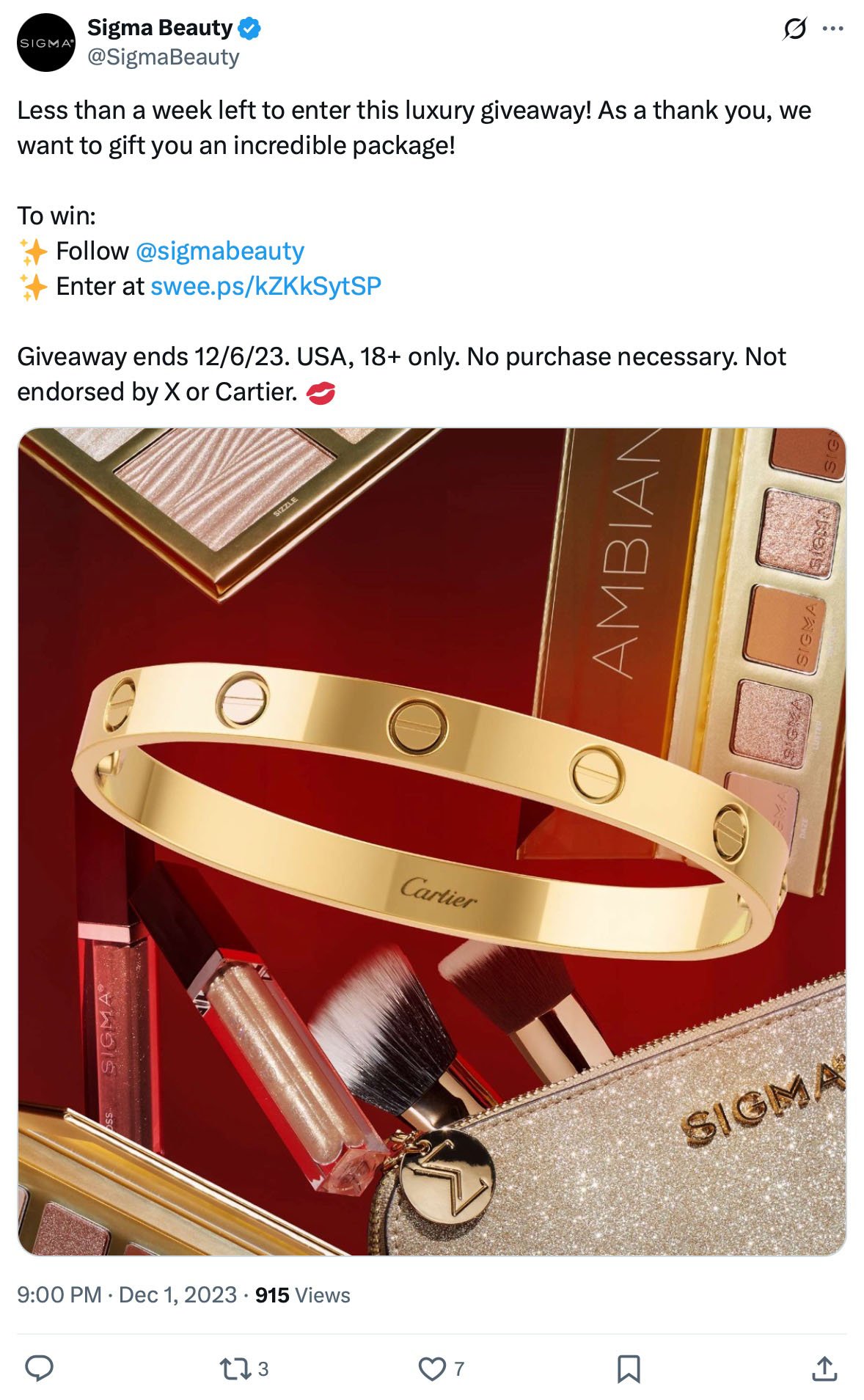 Cartier bracelet surrounded by Sigma Beauty makeup products on red background for giveaway