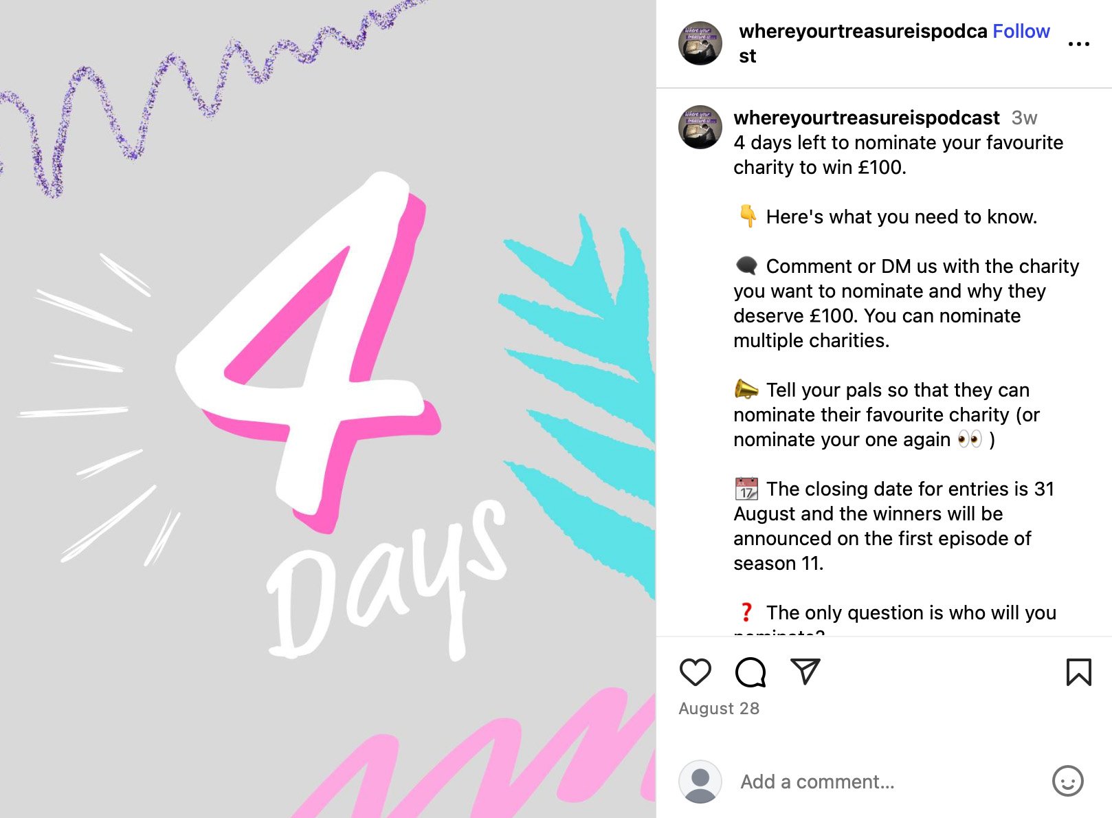 Giveaway graphic — Nominate a charity to win £100, 4 days left Instagram charity giveaway countdown: 4 days left to nominate a charity to win £100
