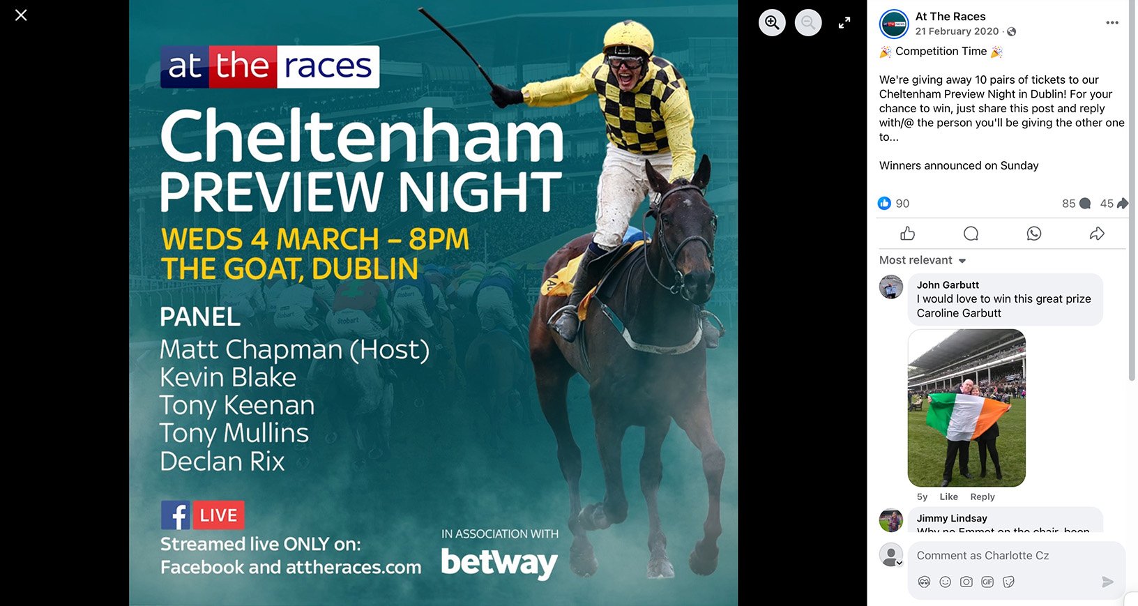 Cheltenham Preview Night promo with horse racing image and panelist list