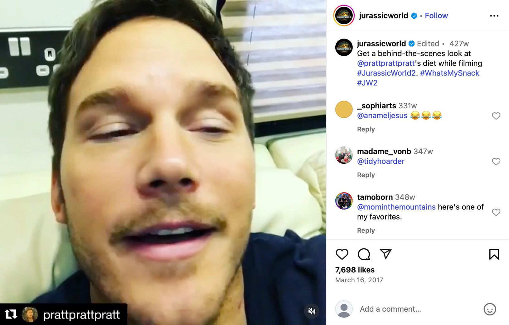 Jurassic World shares Chris Pratt's on-set snack moment Chris Pratt holding a labeled smoothie jar during Jurassic World 2 filming