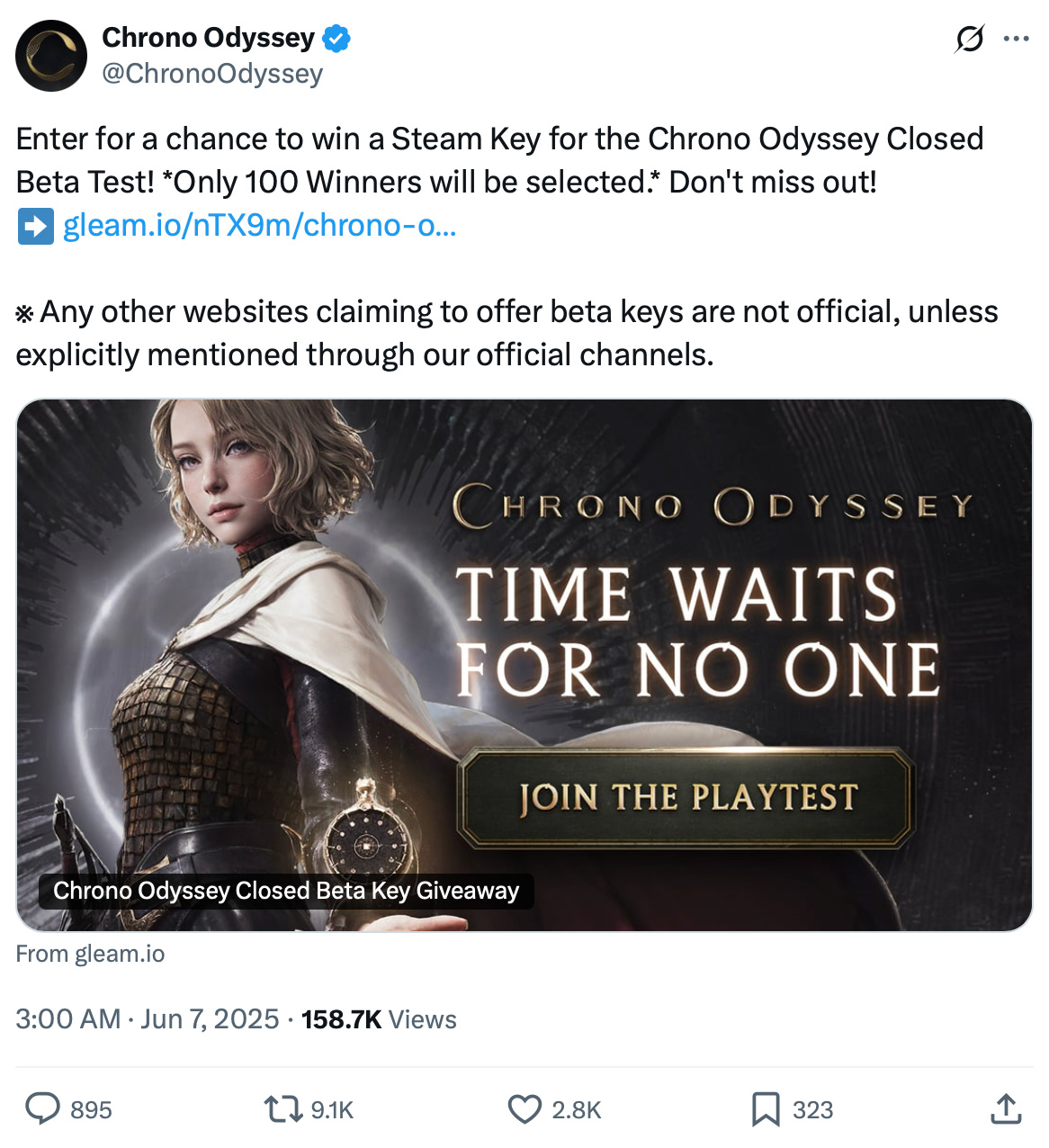 Chrono Odyssey giveaway image showing a fantasy character with text: Time Waits for No One – Join the Playtest